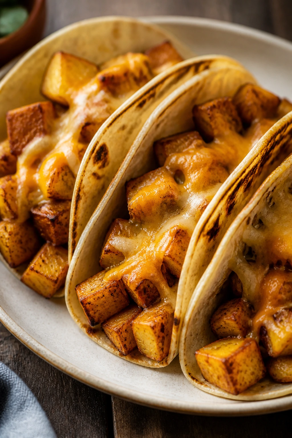 Crispy potato tacos on a plate in a warm kitchen.