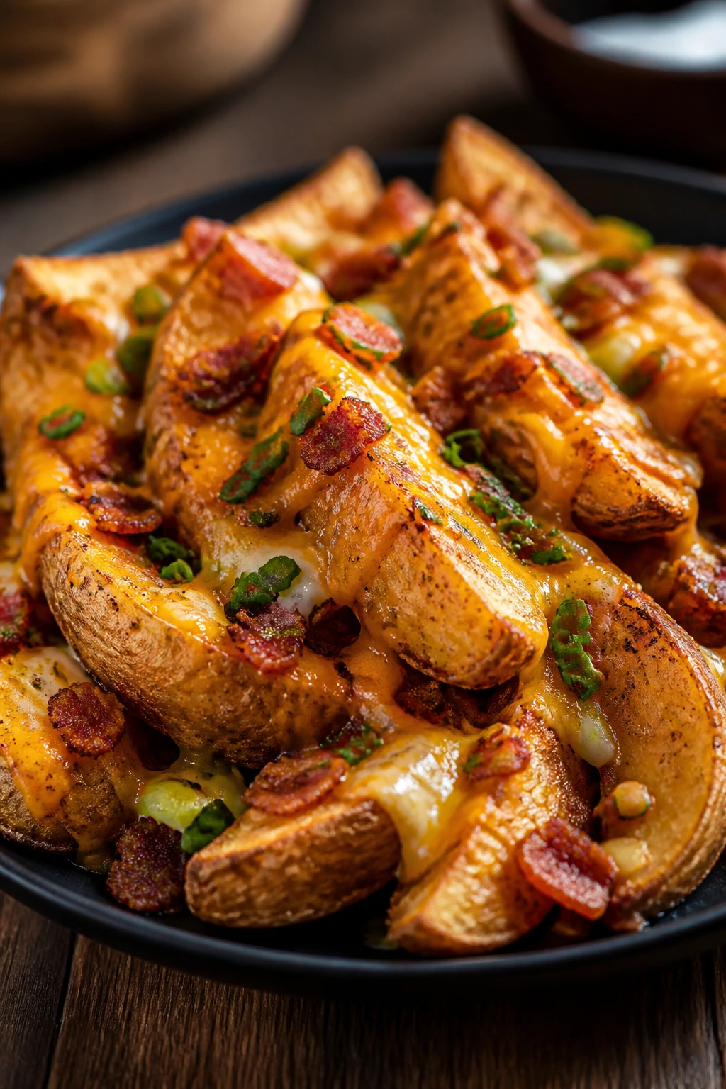 Crispy potato wedges with cheddar and bacon on a dark plate