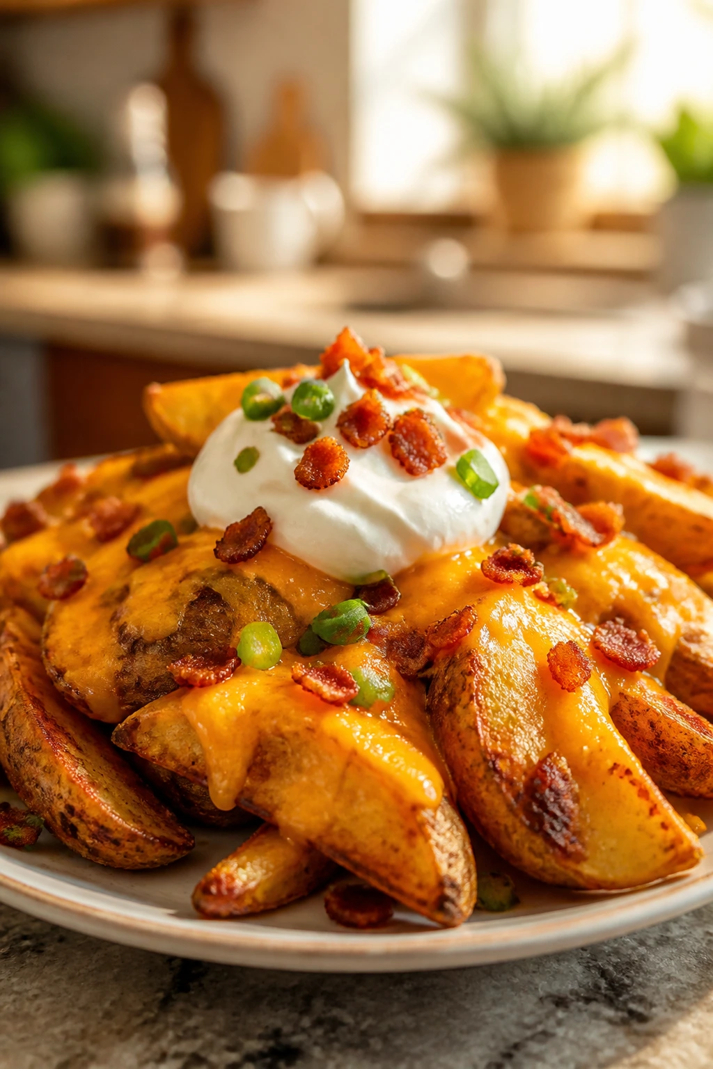 Close-up of loaded potato wedges with melted cheddar cheese
