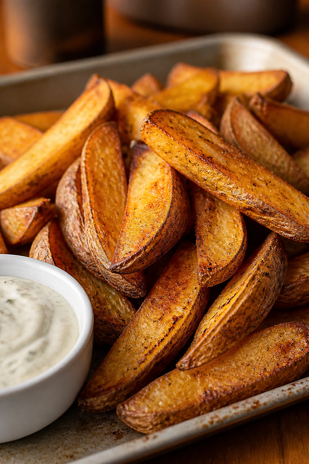 Close-up of crispy potato wedges with garlic dip
