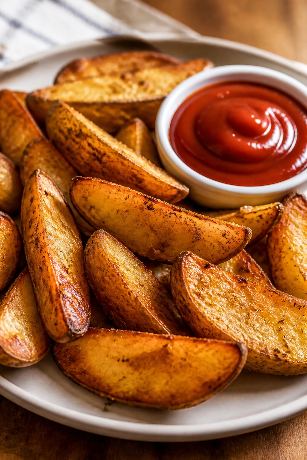 Close-up of crispy potato wedges with a ketchup dip