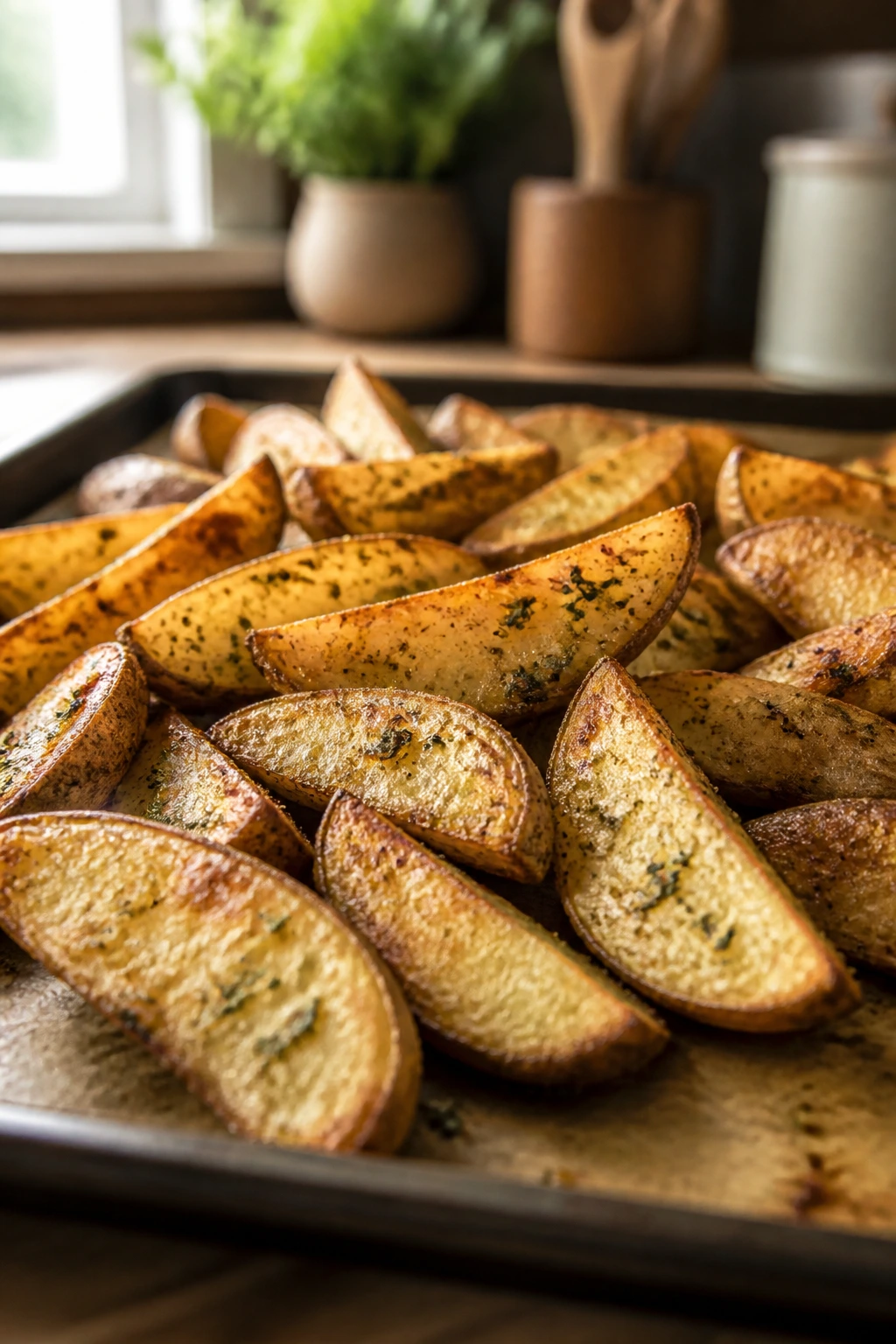 Golden potato wedges seasoned with ranch