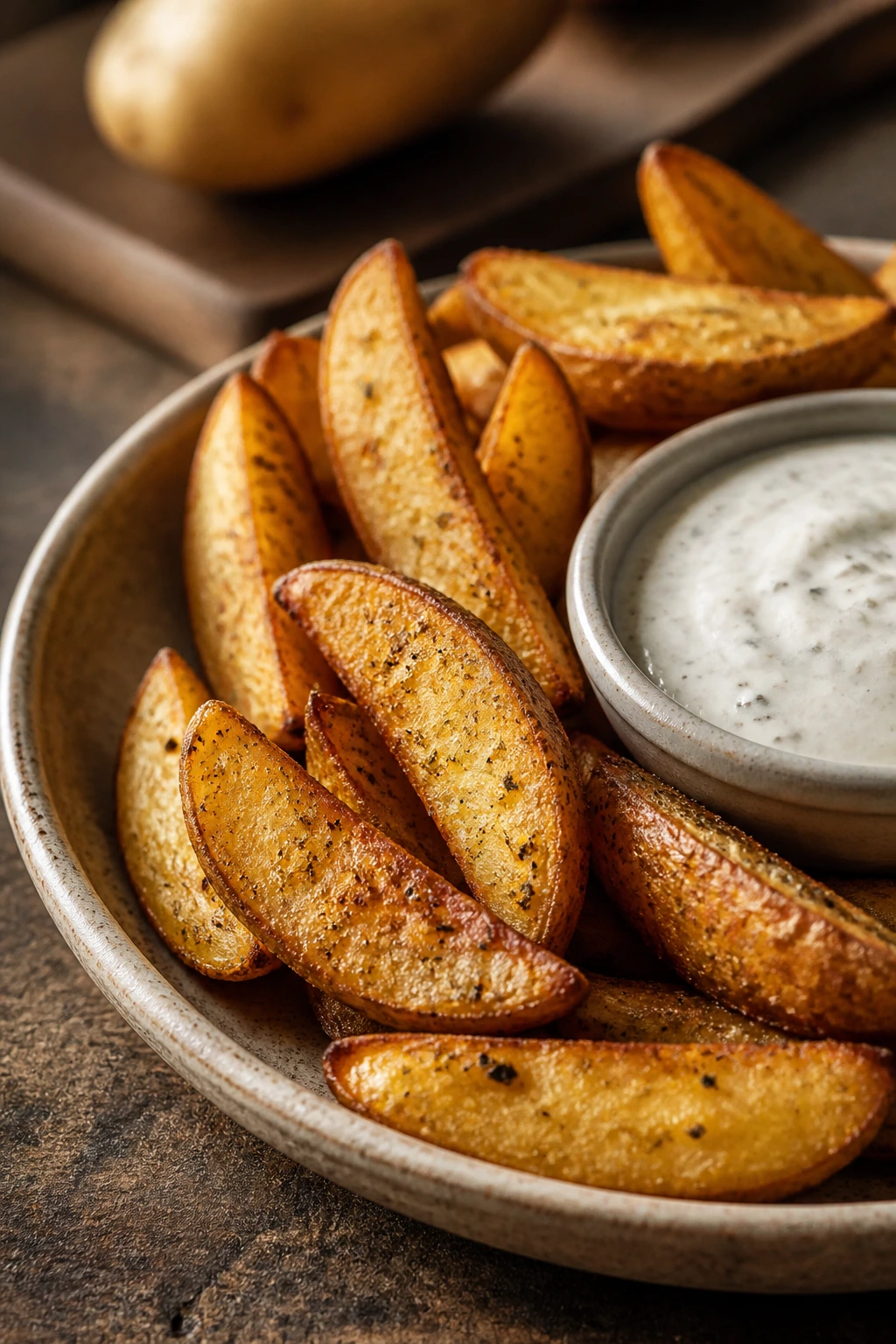 Close-up of crispy potato wedges with ranch dip