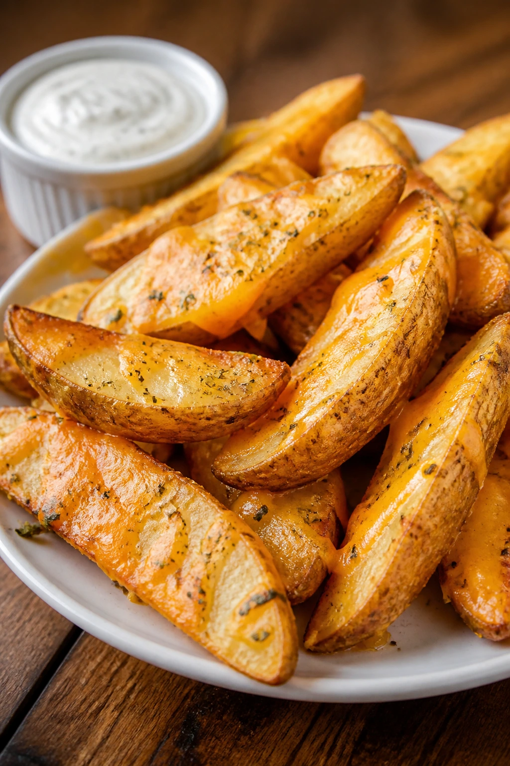 Heap of cheesy ranch potato wedges on a plate