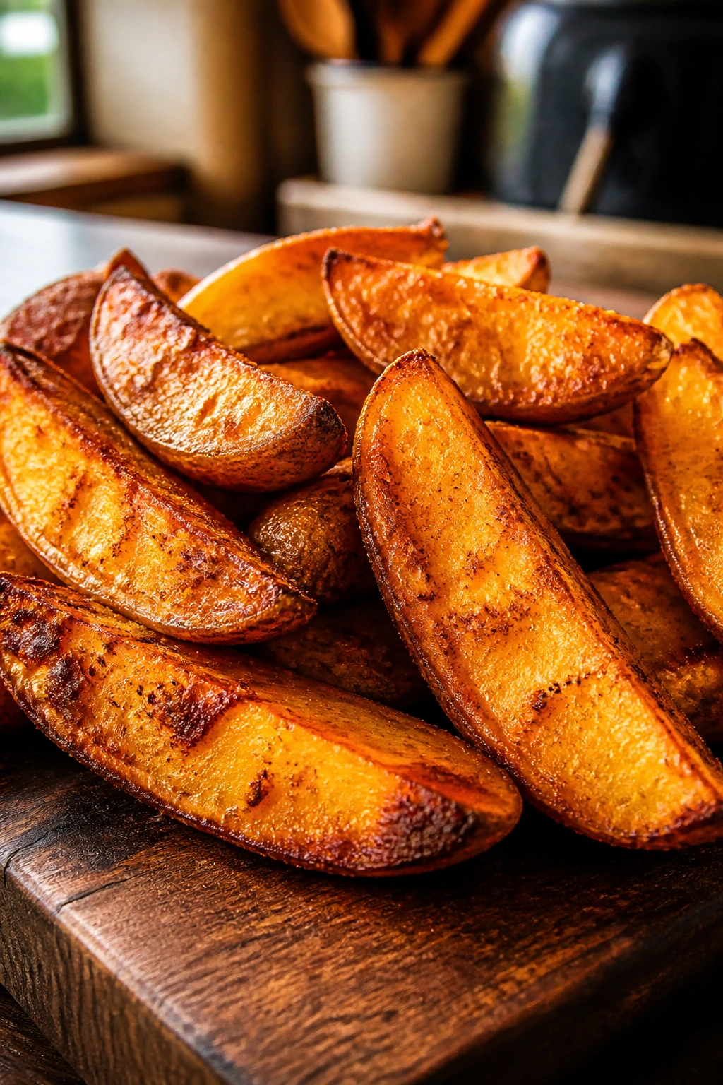 Close-up of crispy smoked paprika potato wedges on a wooden board