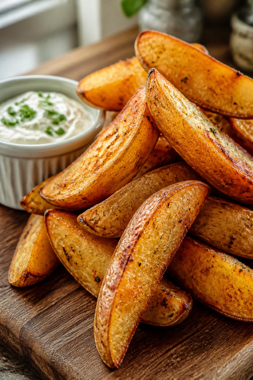 Close-up of crispy russet potato wedges with sour cream dip on a wooden board in a warm kitchen.