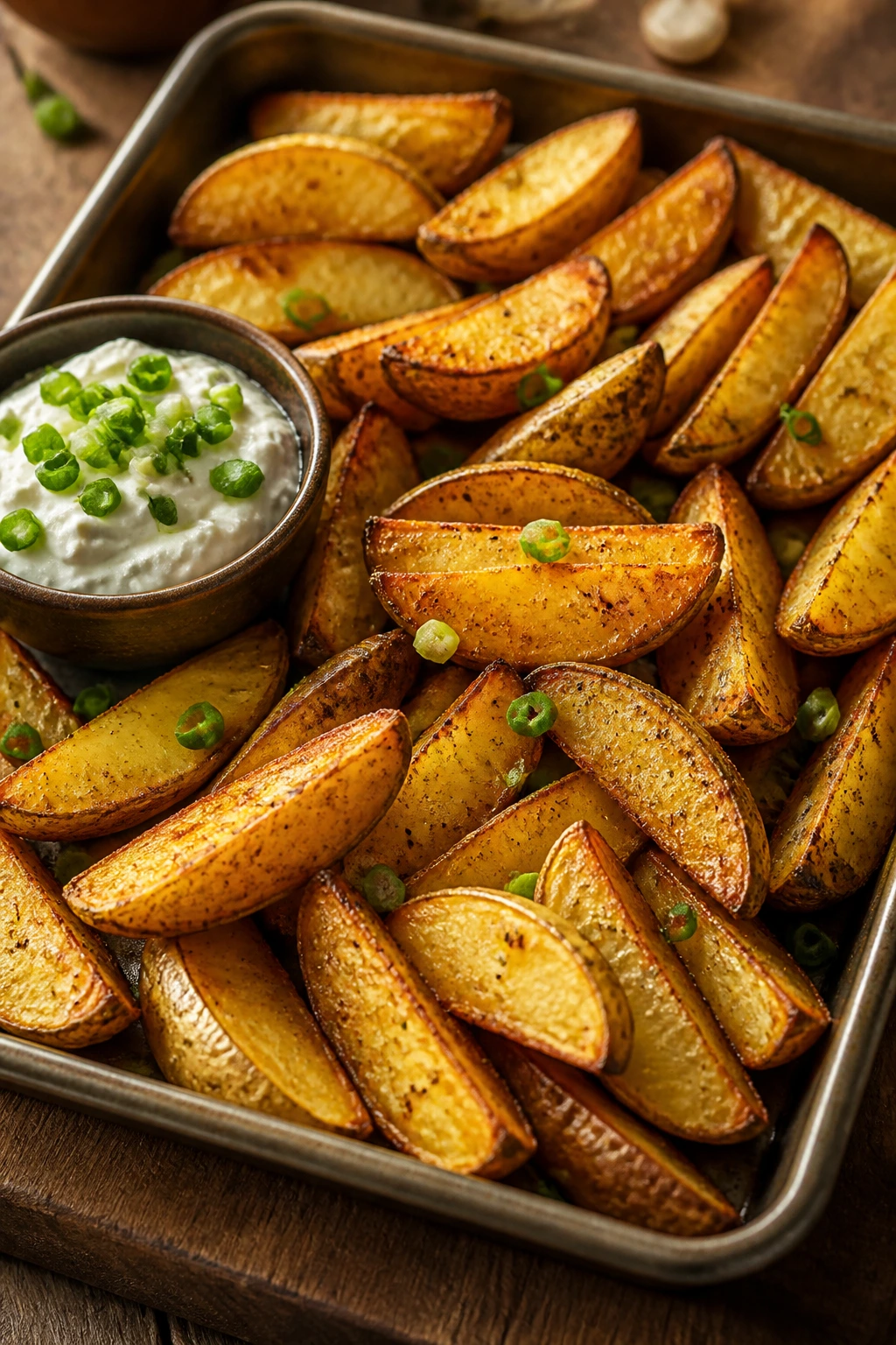 Potato wedges with sour cream and scallions on a wooden board