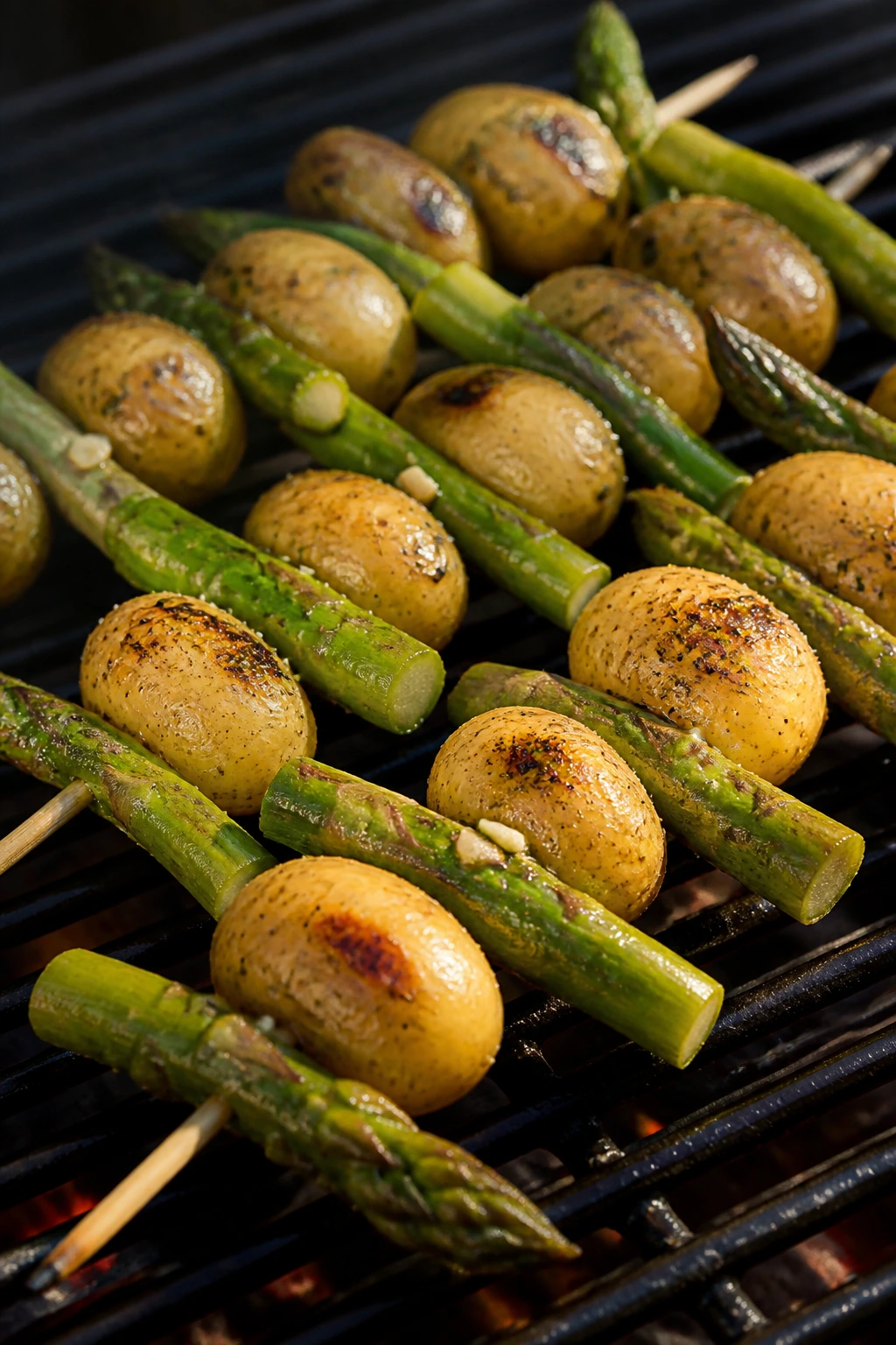 Potato and asparagus skewers with garlic lemon glaze