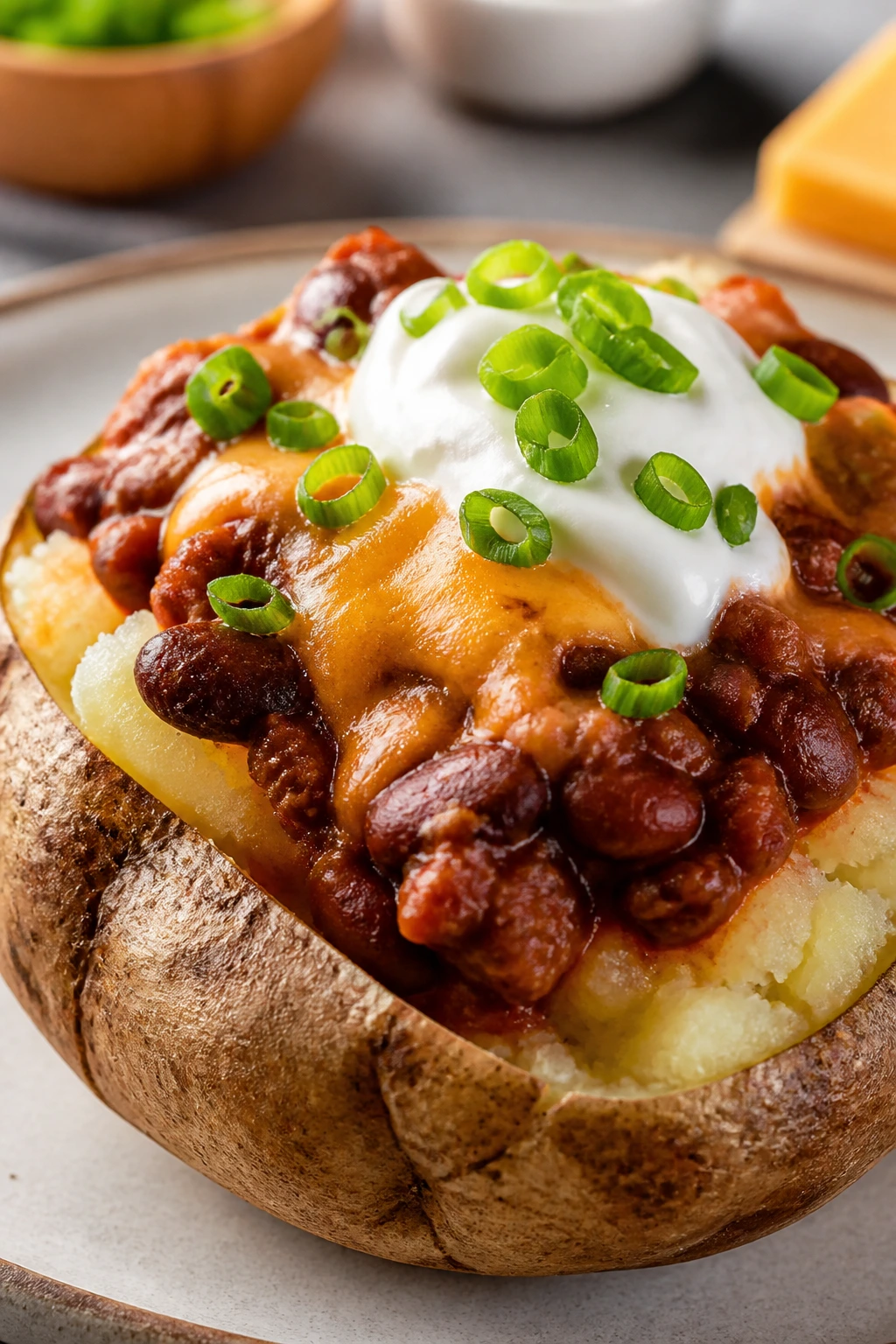 Close-up of a loaded microwave baked potato with chili beans and cheese