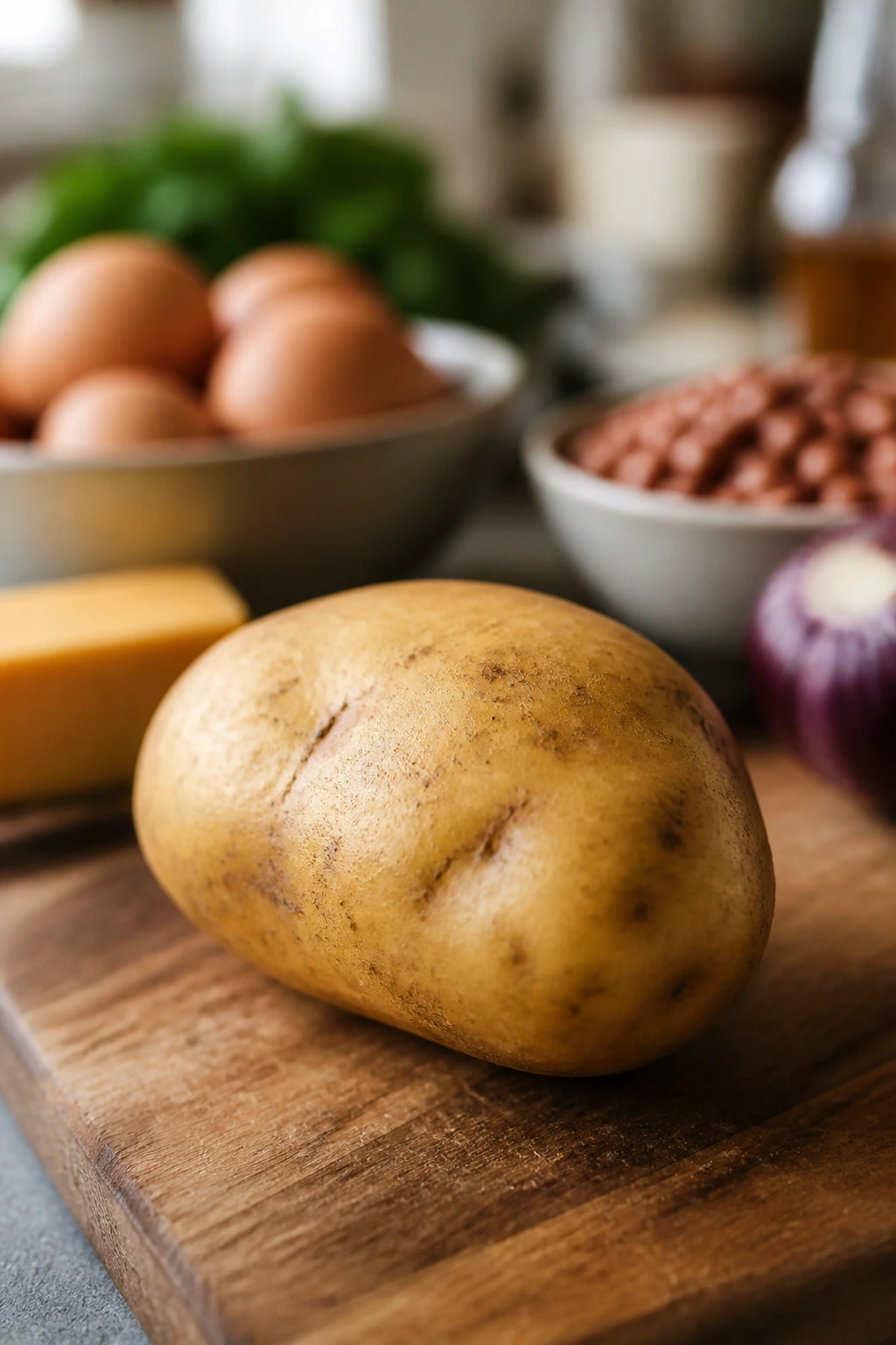 close-up of a potato on a cutting board highlighting budget staples