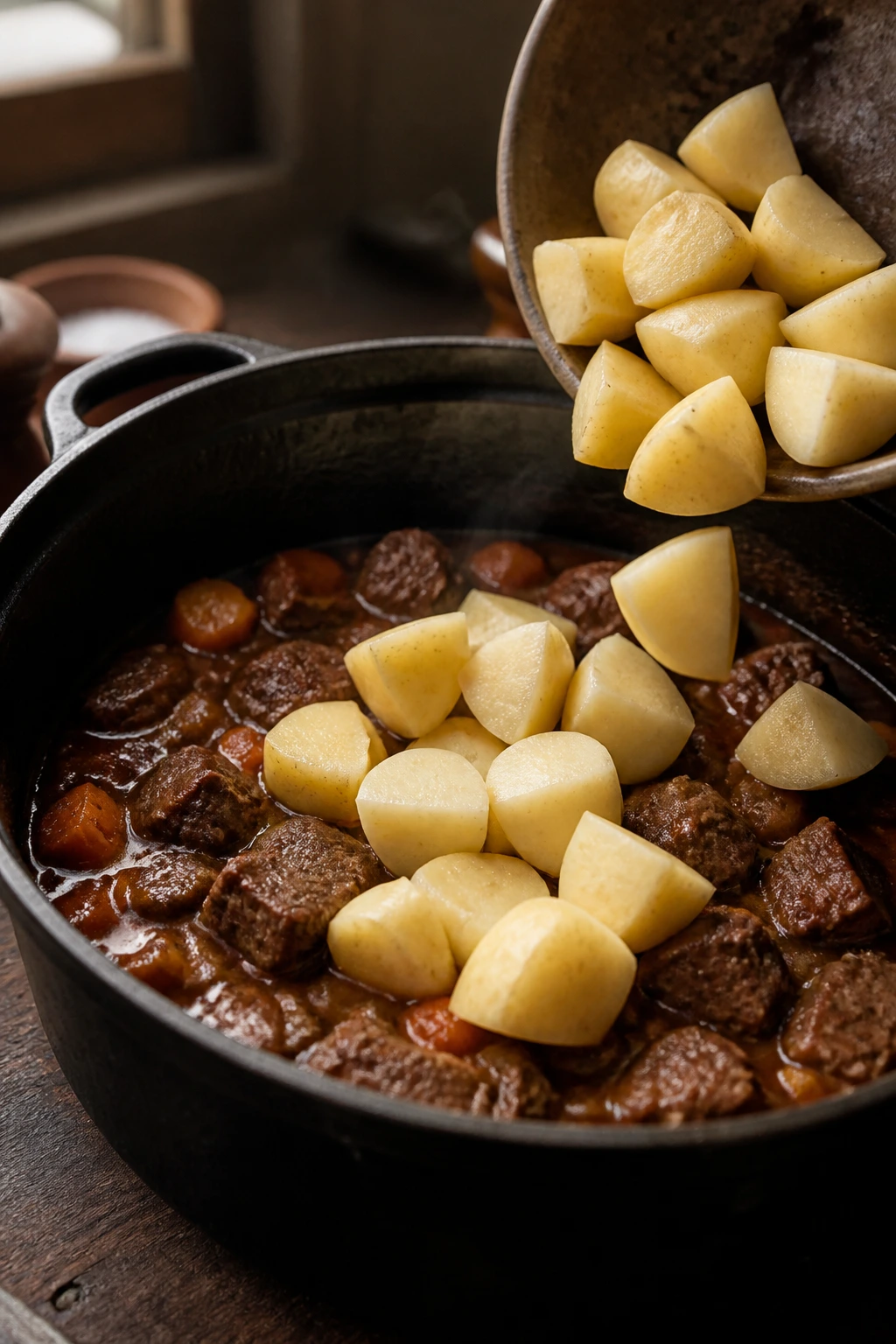 Close-up of potatoes being added to braising beef in a cast-iron pot