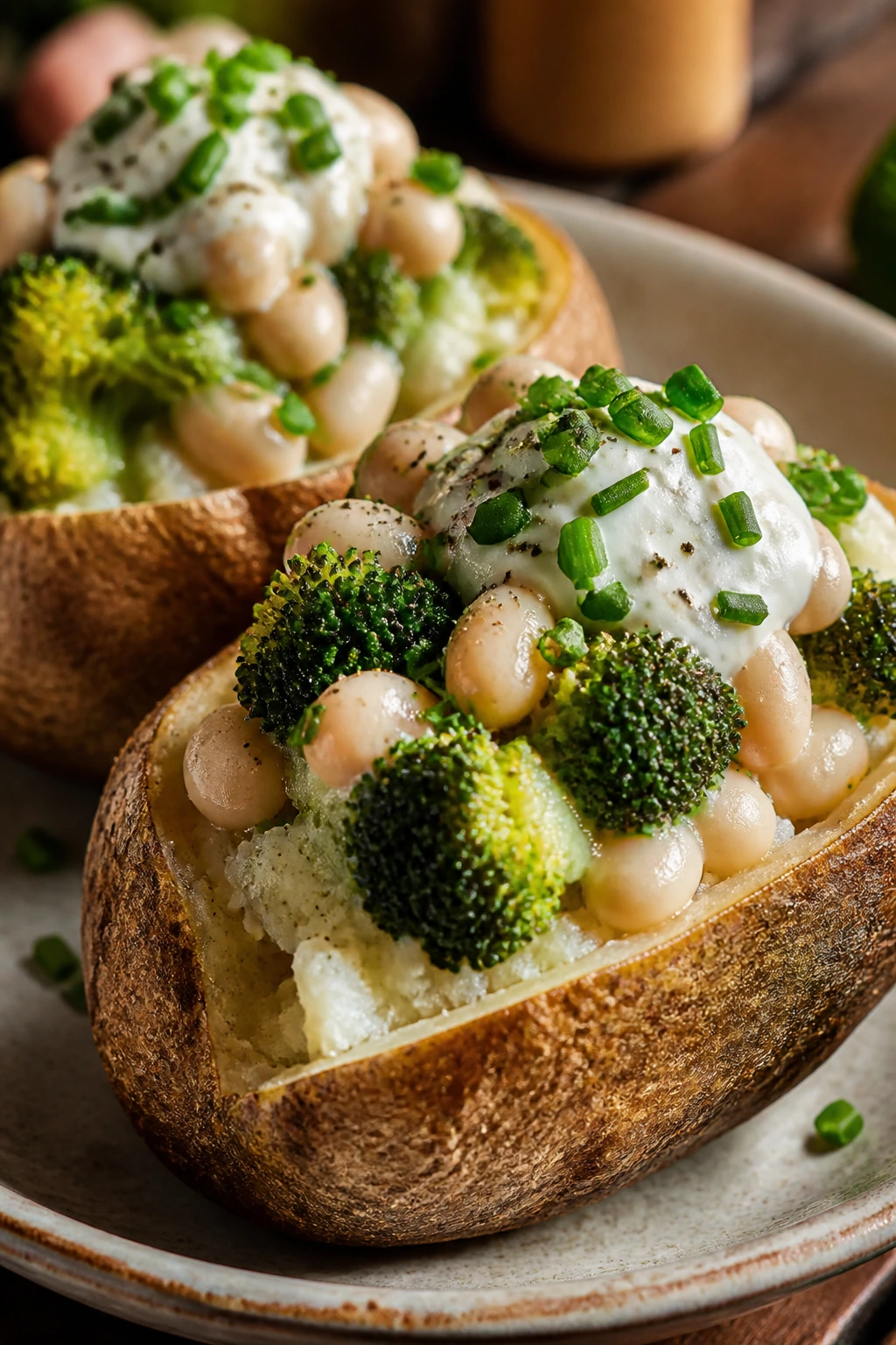 Close-up of Baked Potato Bar with Broccoli and White Beans on a rustic plate