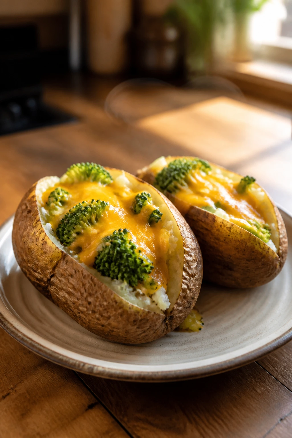 Close-up of loaded broccoli cheddar microwaved baked potatoes on a wooden counter