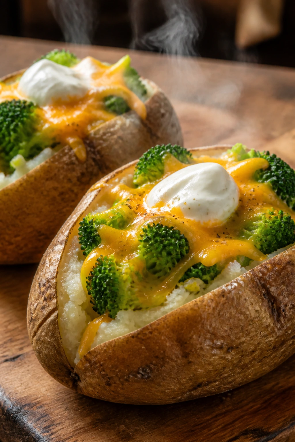 Close up of loaded potatoes with broccoli and cheddar in a rustic kitchen scene