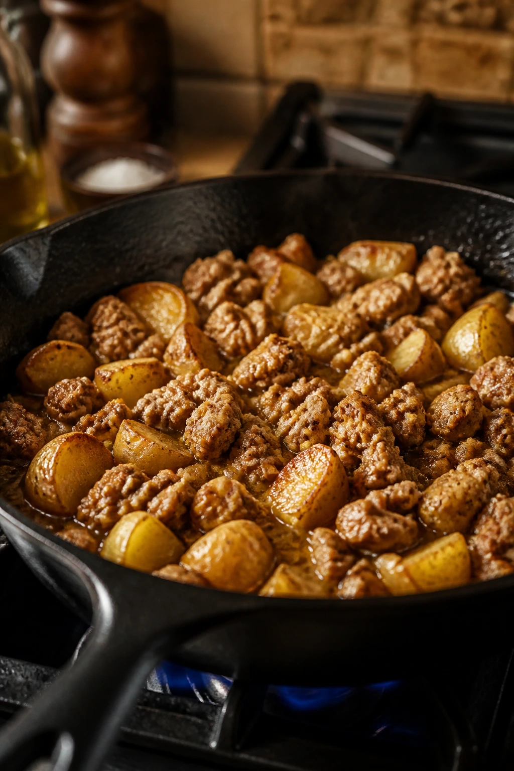 Skillet showing potatoes browned and turkey crumbling during cooking