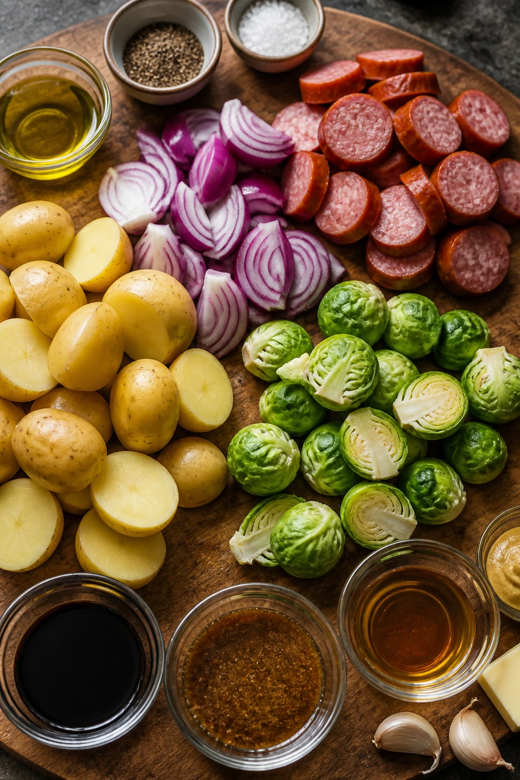 Raw ingredients for a crisp sausage bake arranged on a cutting board