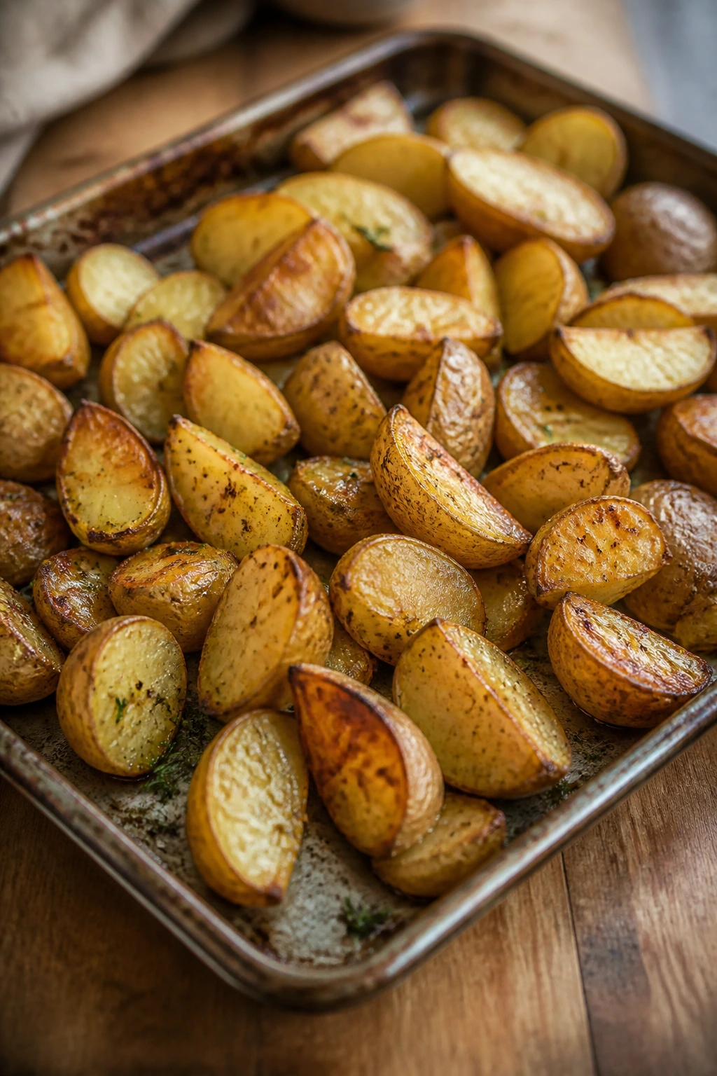 Close-up roasted potatoes filling a sheet pan in a rustic kitchen