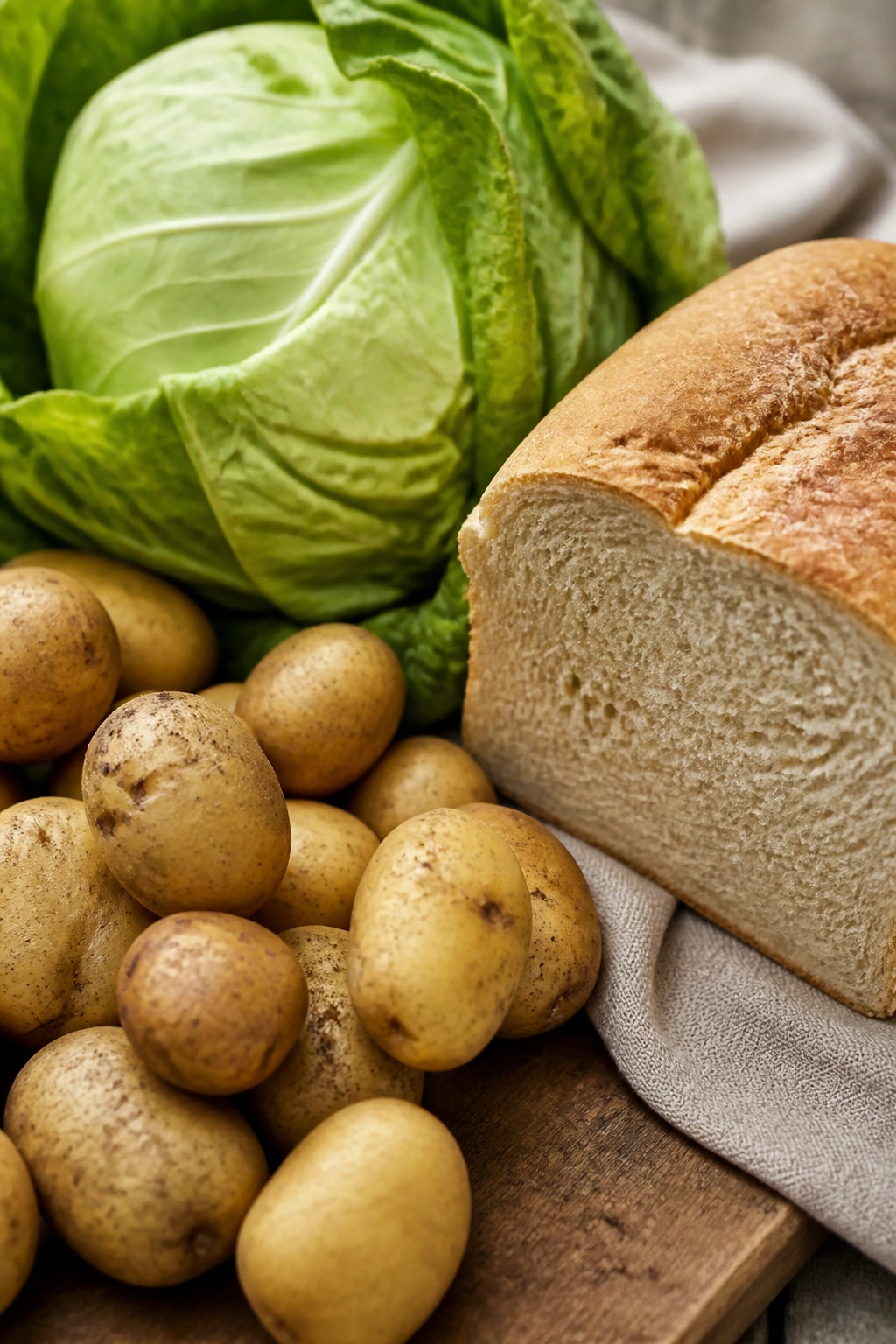 Produce on a counter showing affordable staples like potatoes, cabbage, and bread