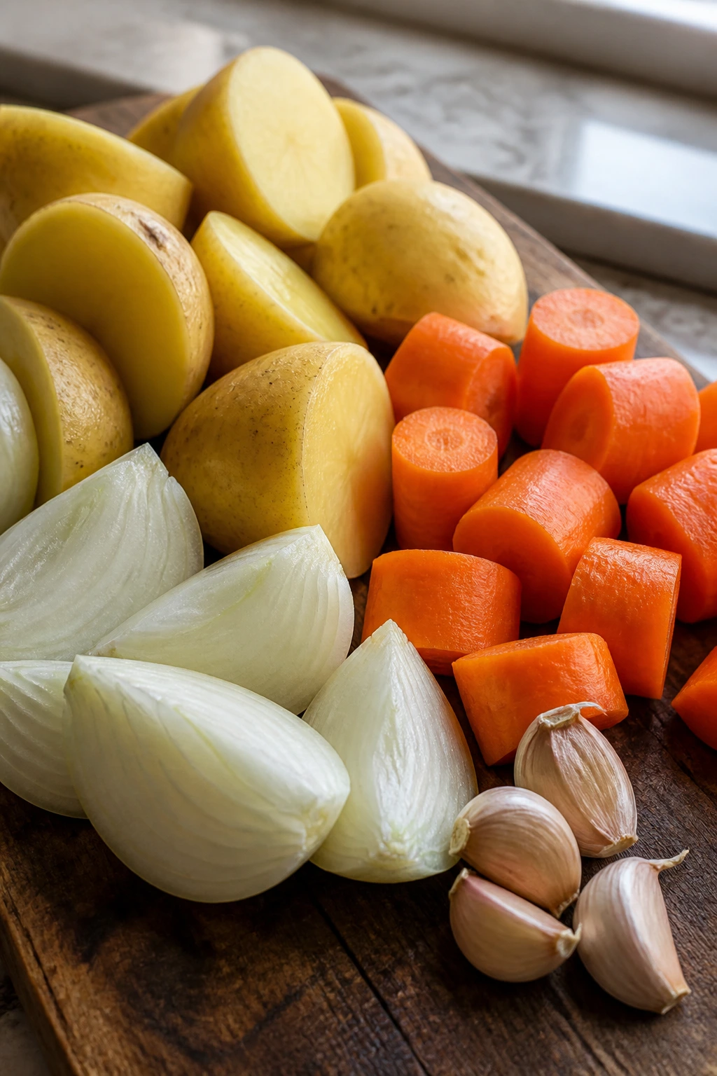 Potatoes, carrots, onion, and garlic arranged on wooden board