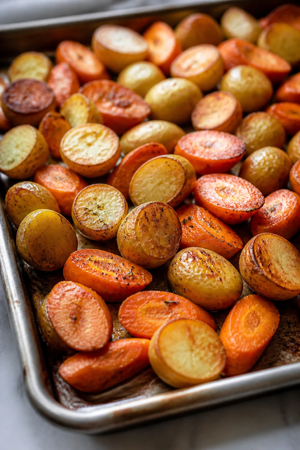 Close-up of potatoes and carrots roasting on a sheet pan