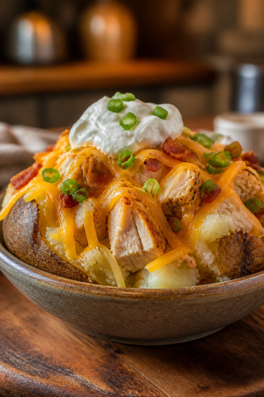 Single loaded baked potato bowl with cheddar chicken and sour cream