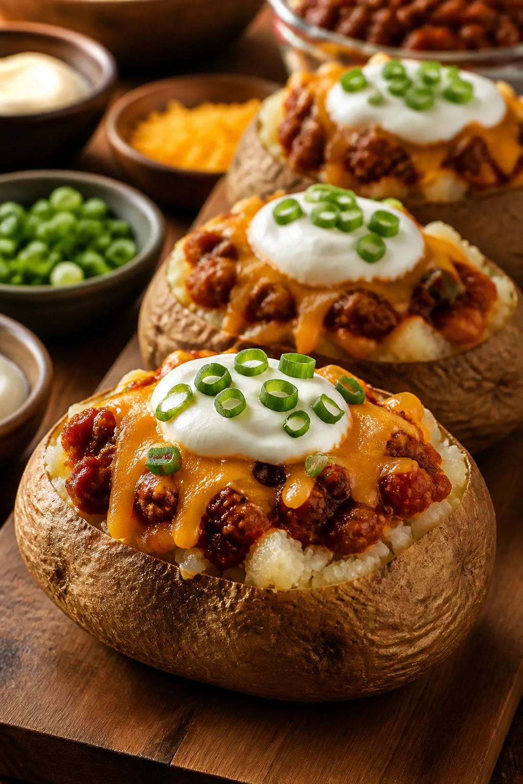 Close-up of a chili cheese baked potato bar with loaded russet potatoes and toppings