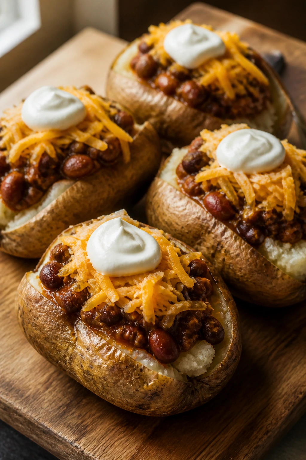 Close-up of baked russet potatoes topped with chili beans and cheese