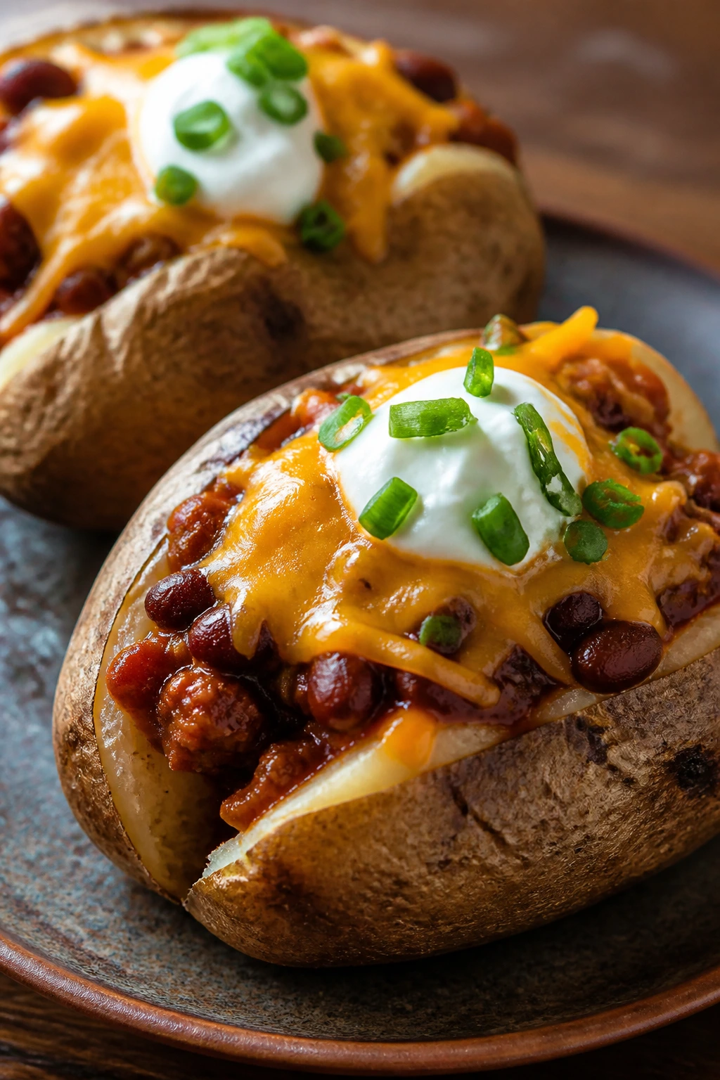 Baked potatoes topped with chili and cheddar on a plate