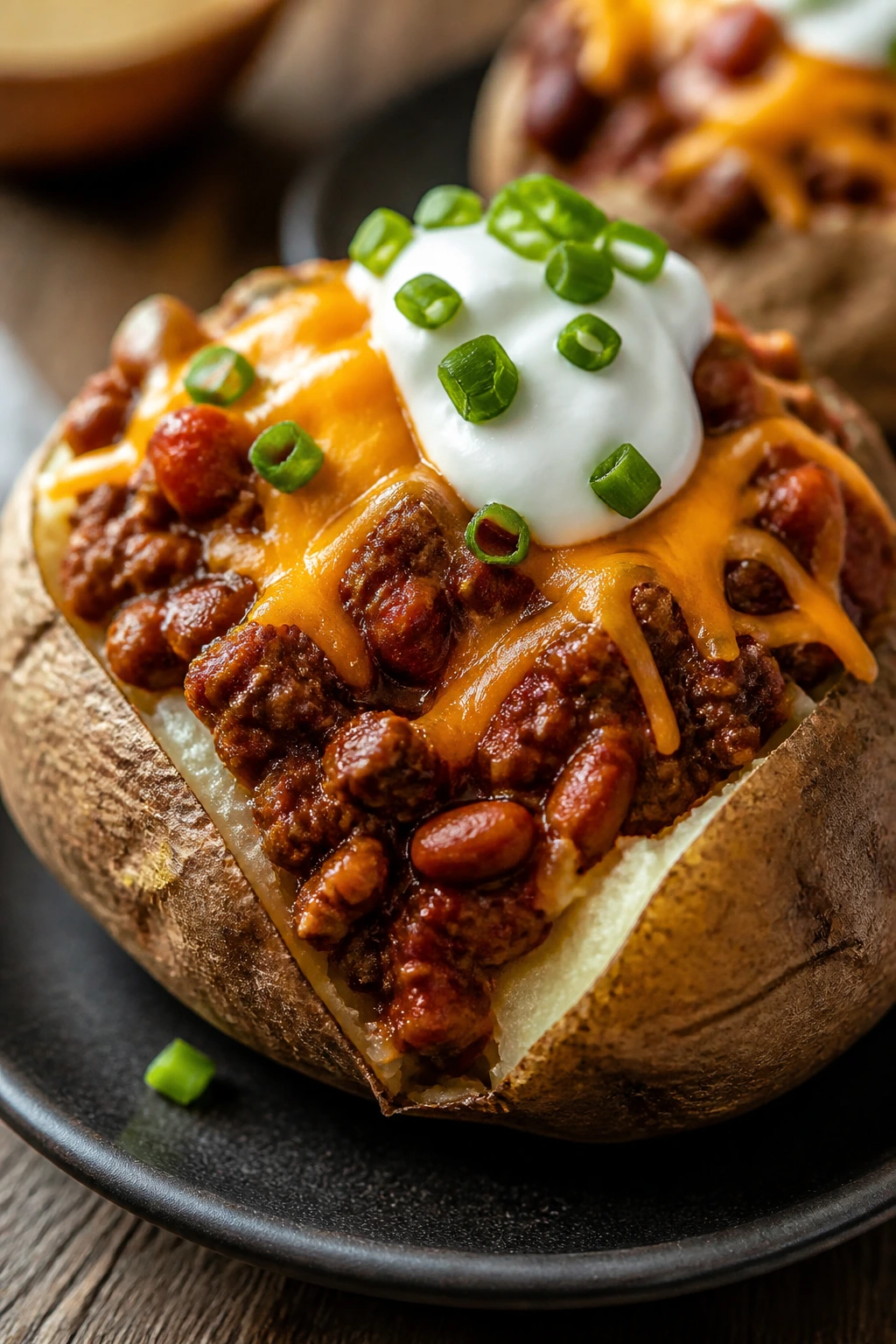 Split baked potato topped with chili and cheese