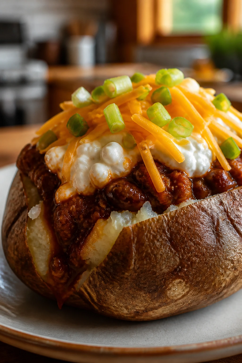 Loaded baked potato with chili, cottage cheese, and cheddar