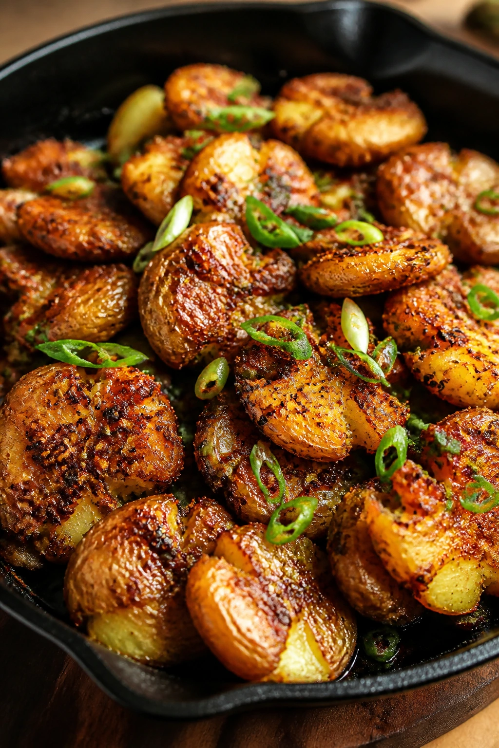 Close-up of chili oil glazed smashed potatoes