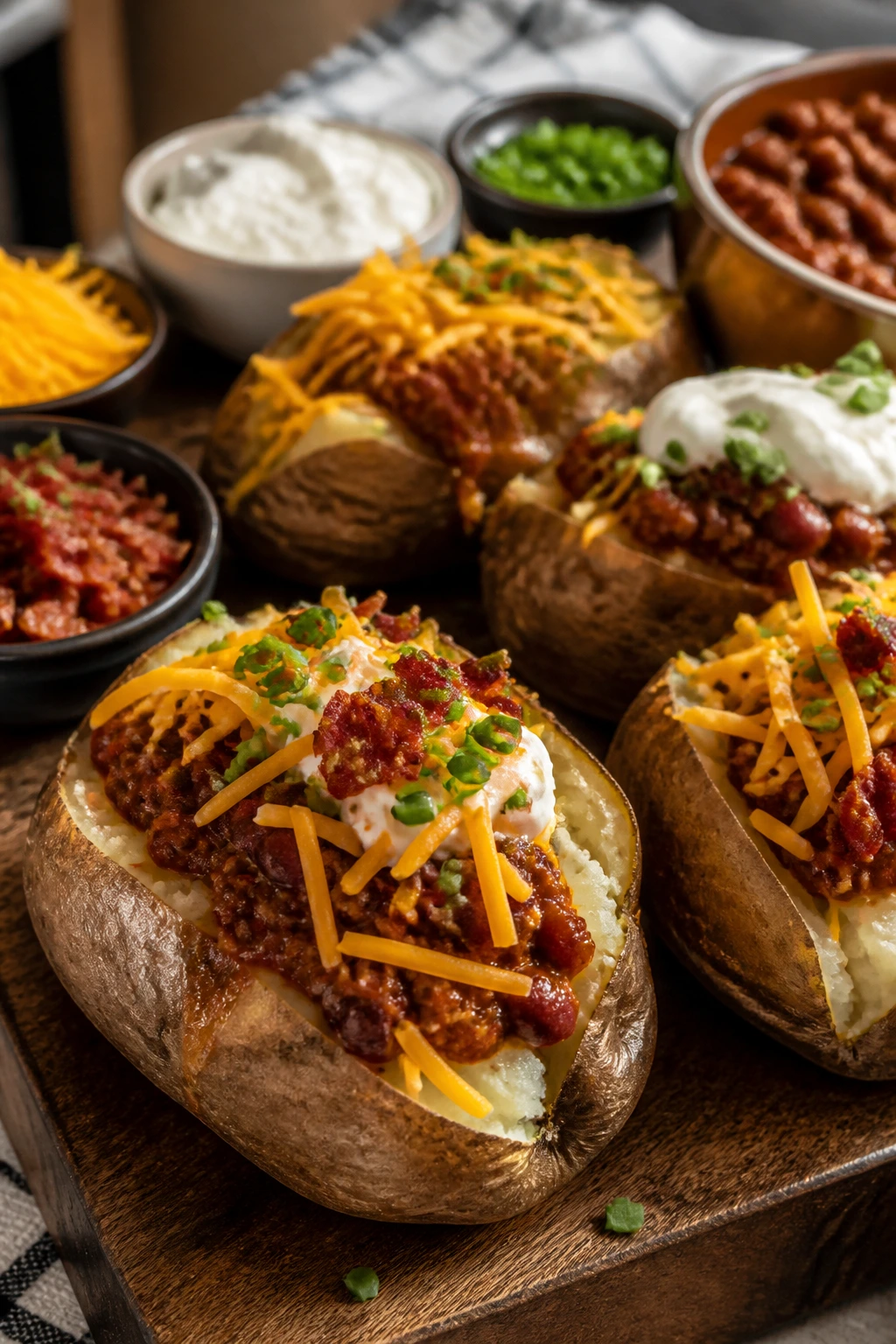 Close up of loaded baked potatoes with chili and toppings on a wooden board