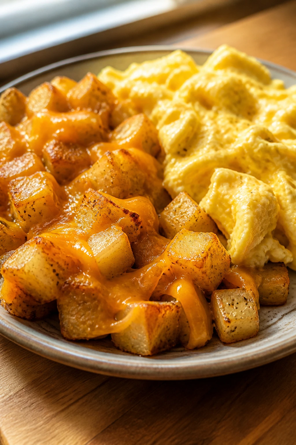 Close-up of cheesy breakfast potatoes and eggs on a plate in a cozy kitchen