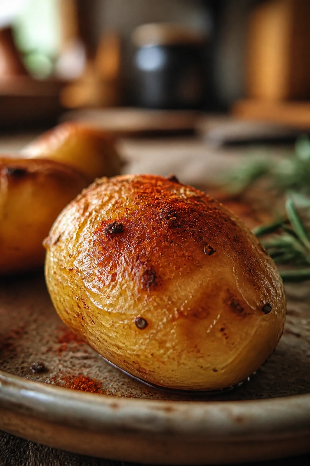 Close-up of a roasted baby potato on a plate