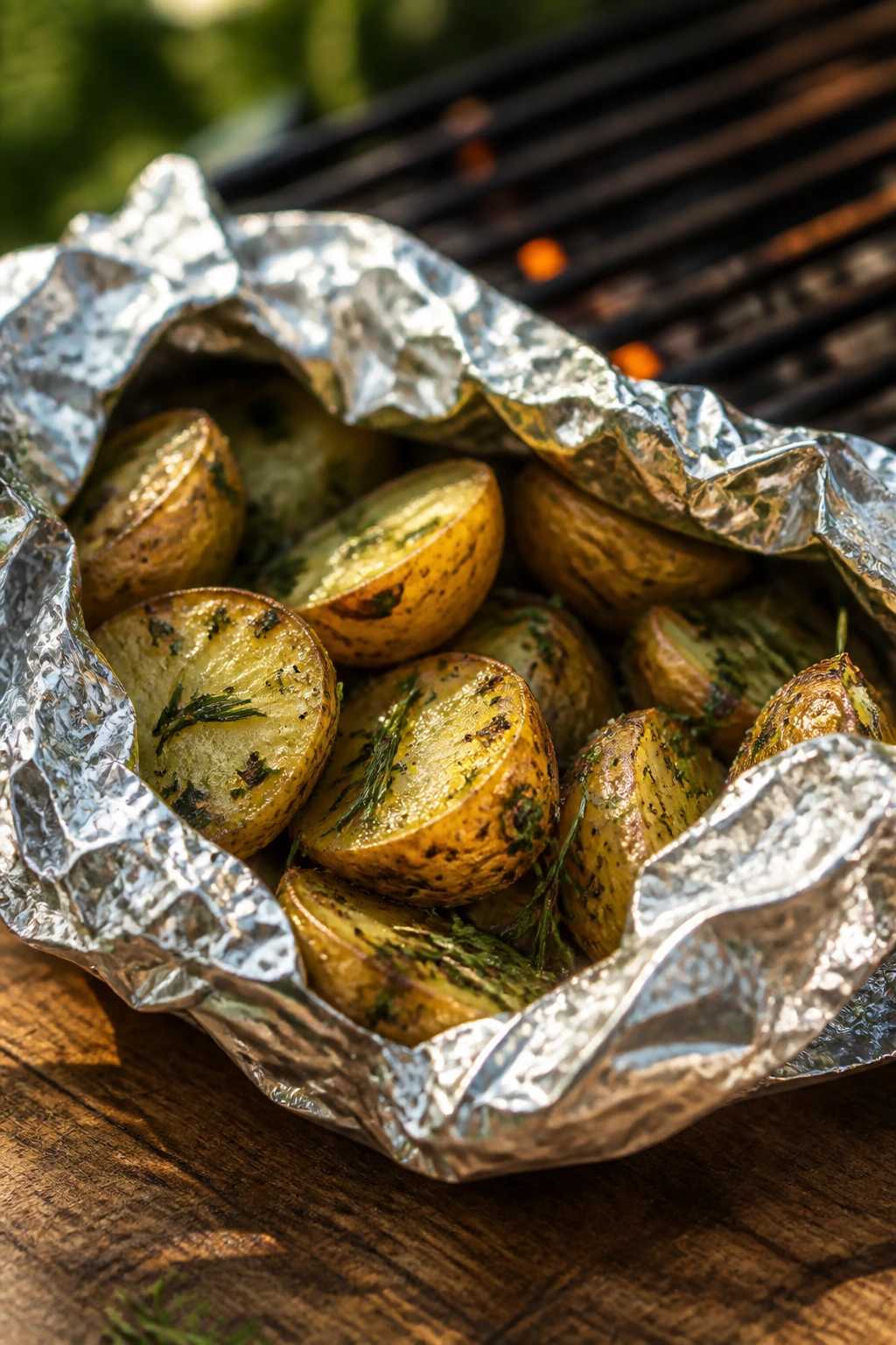 Opened foil packet with herb-seasoned potatoes