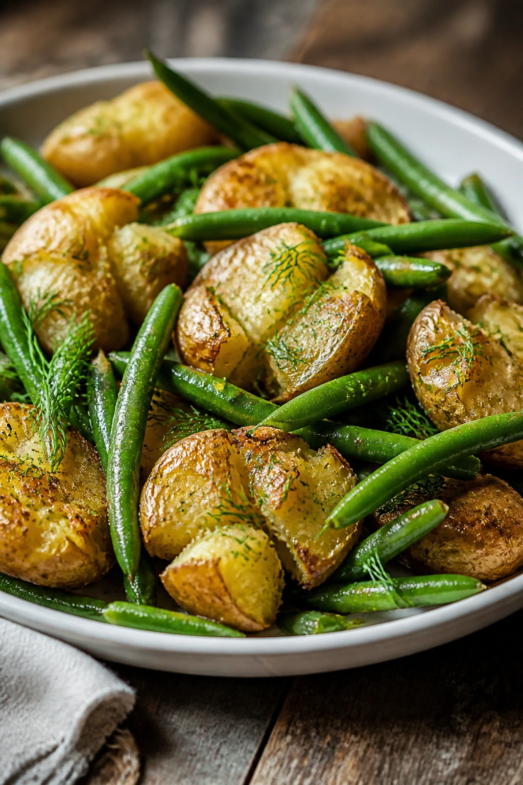 Close-up of smashed potato and green bean salad with dill