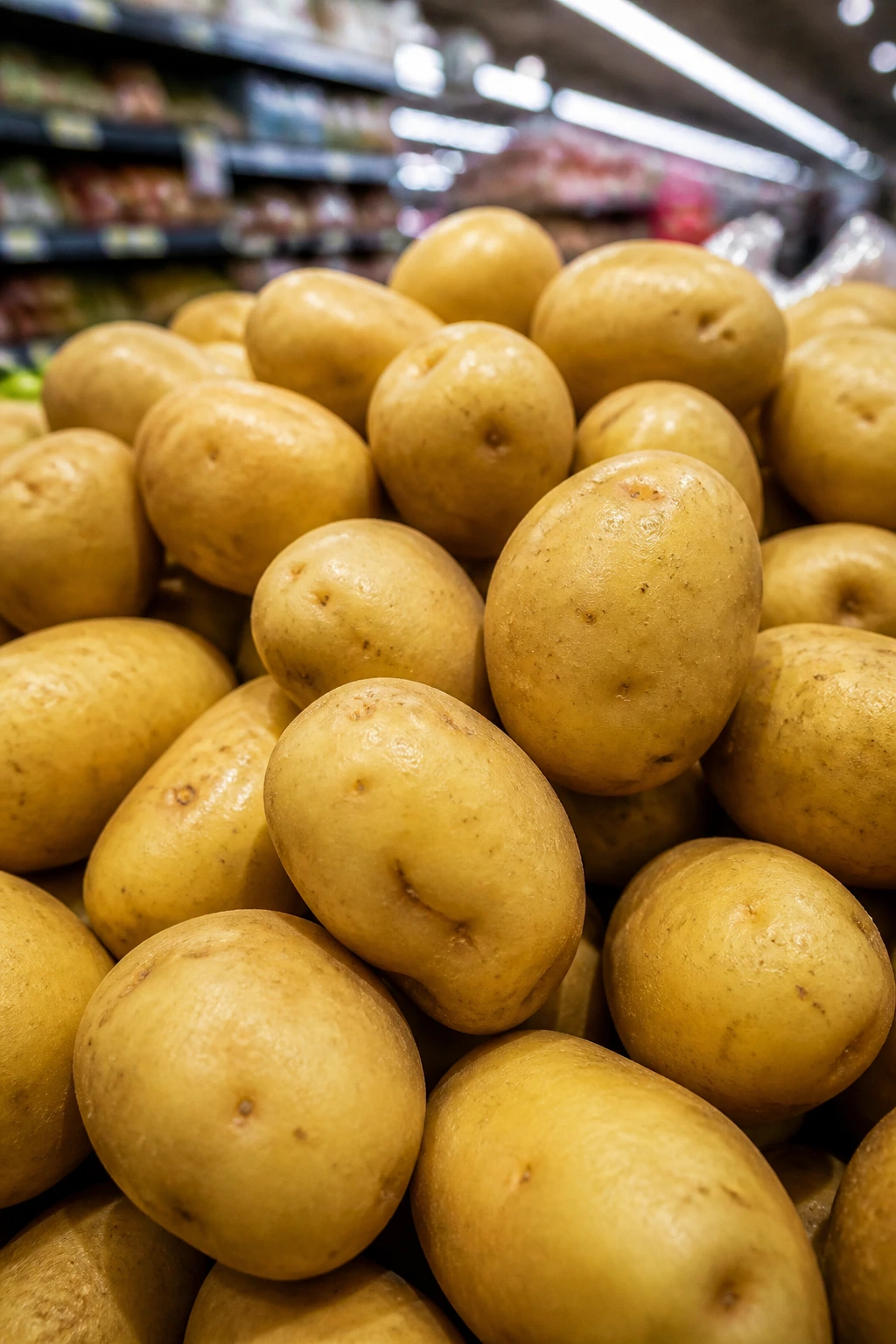 Close-up of Yukon Gold potatoes in a grocery store setting