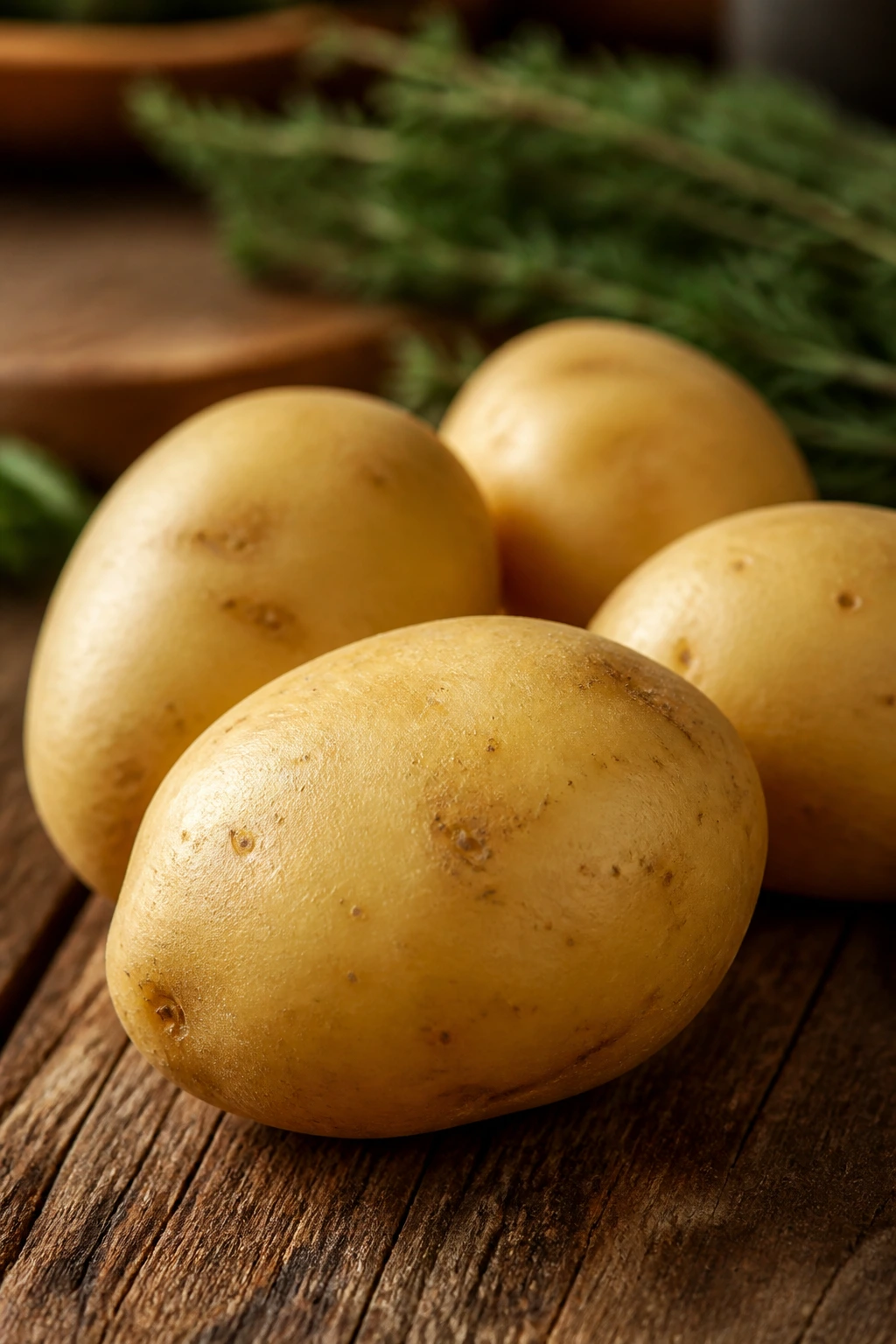 Close-up of Yukon Gold potatoes on wood with herbs blurred