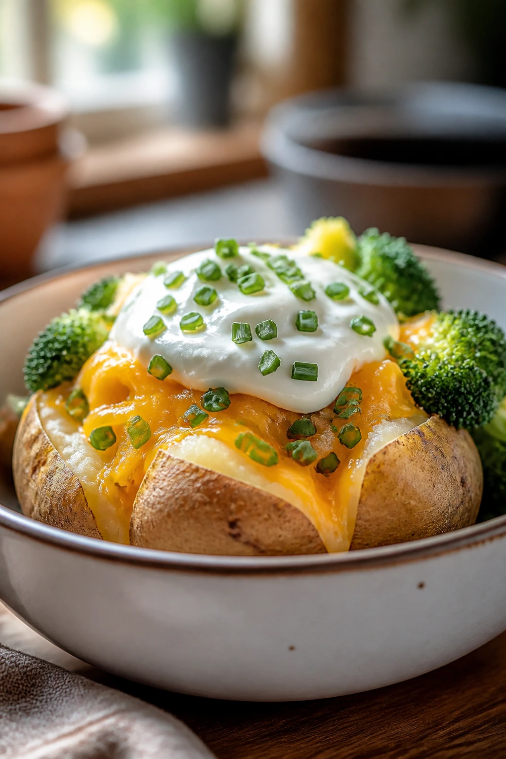 Loaded potato bowl with cheddar yogurt and broccoli