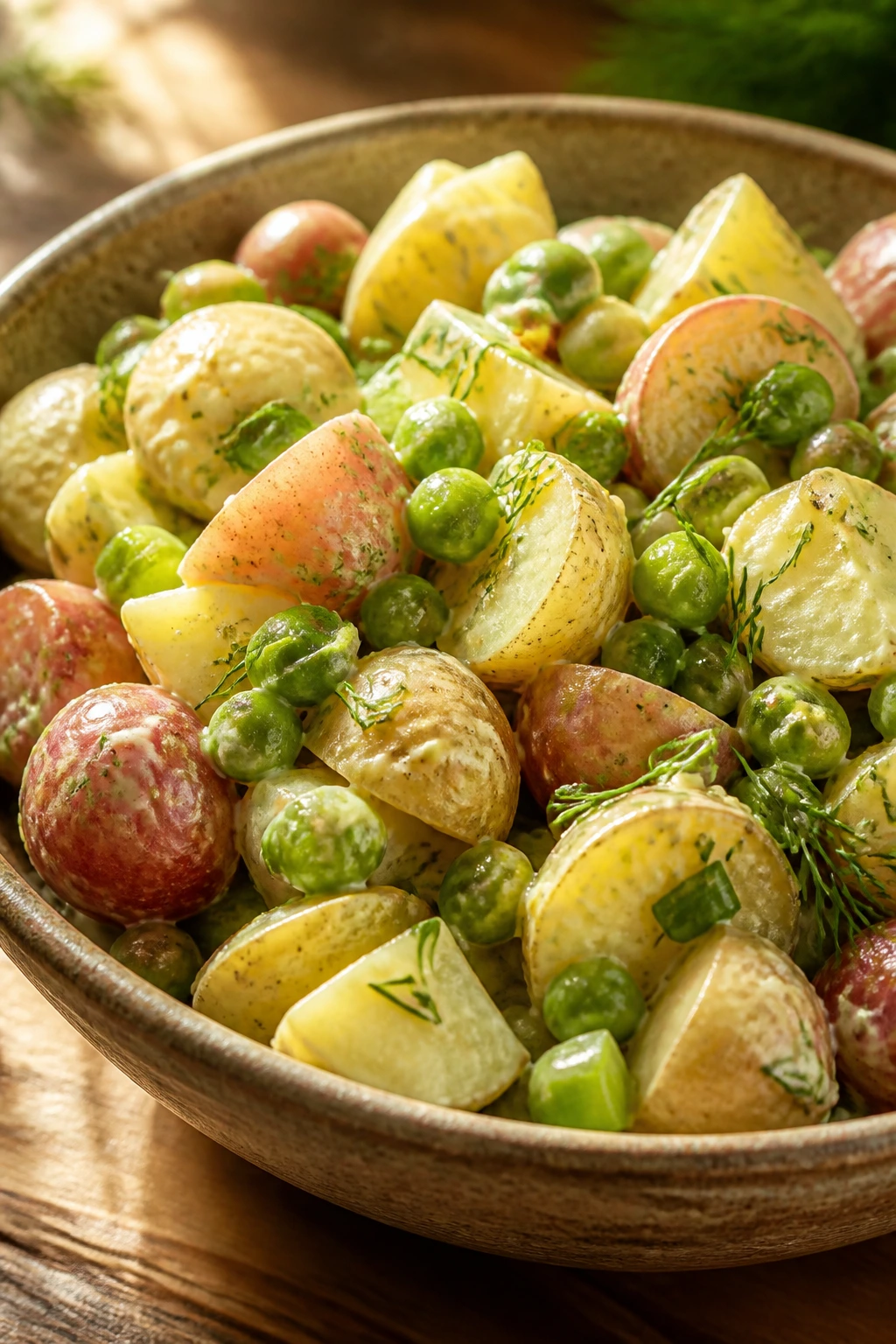Close-up of pea and potato salad in a rustic bowl with mustard dressing