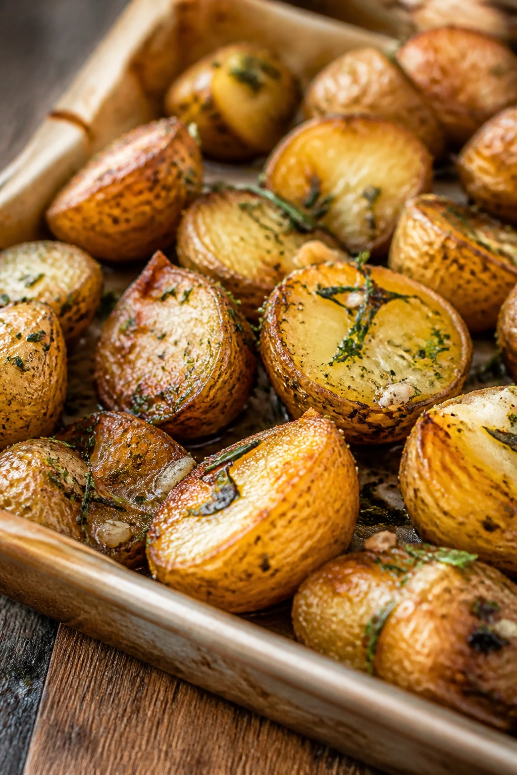 Close-up of herb-roasted new potatoes crisp and golden with garlic and herbs