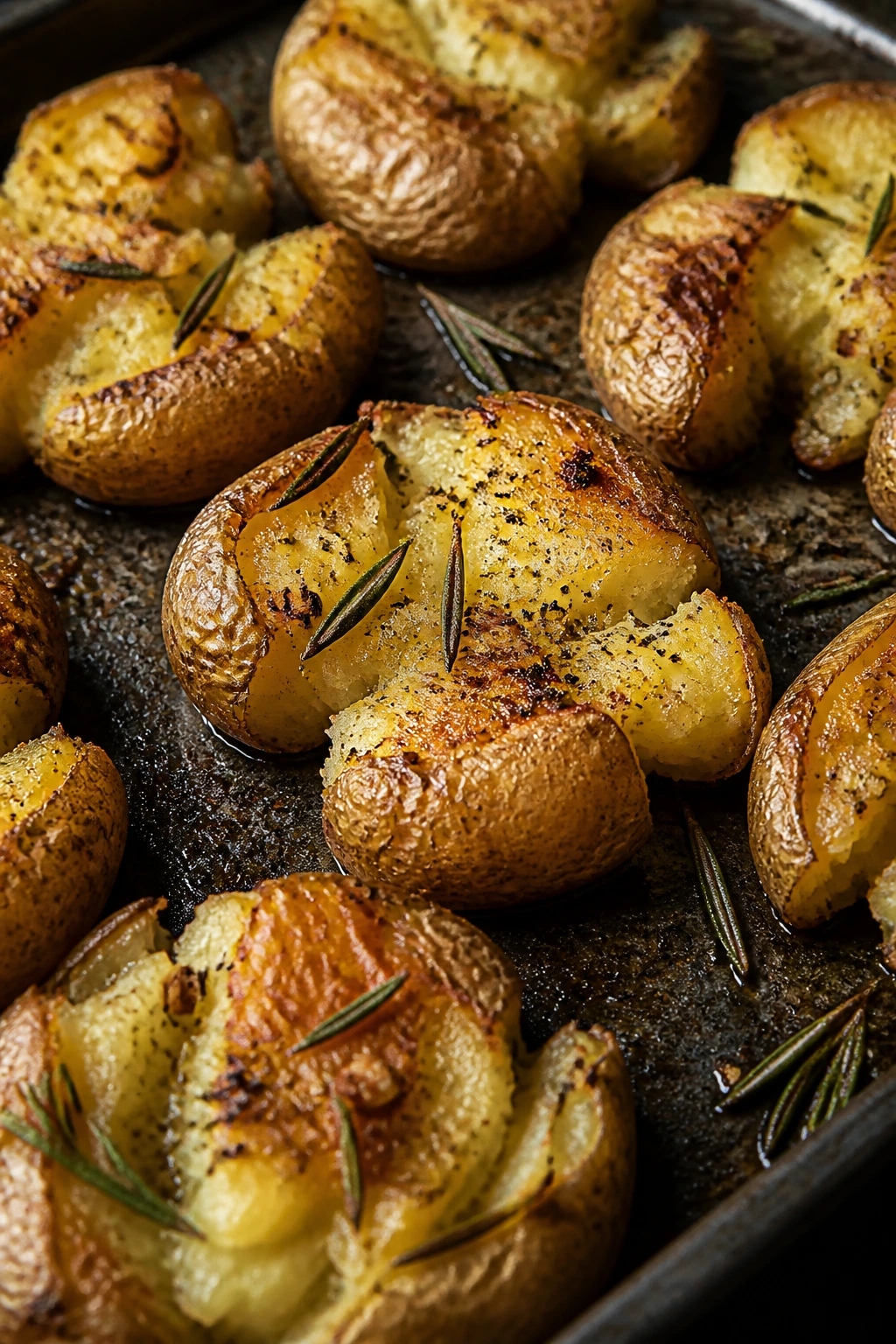 Crispy smashed potatoes with rosemary on a sheet pan