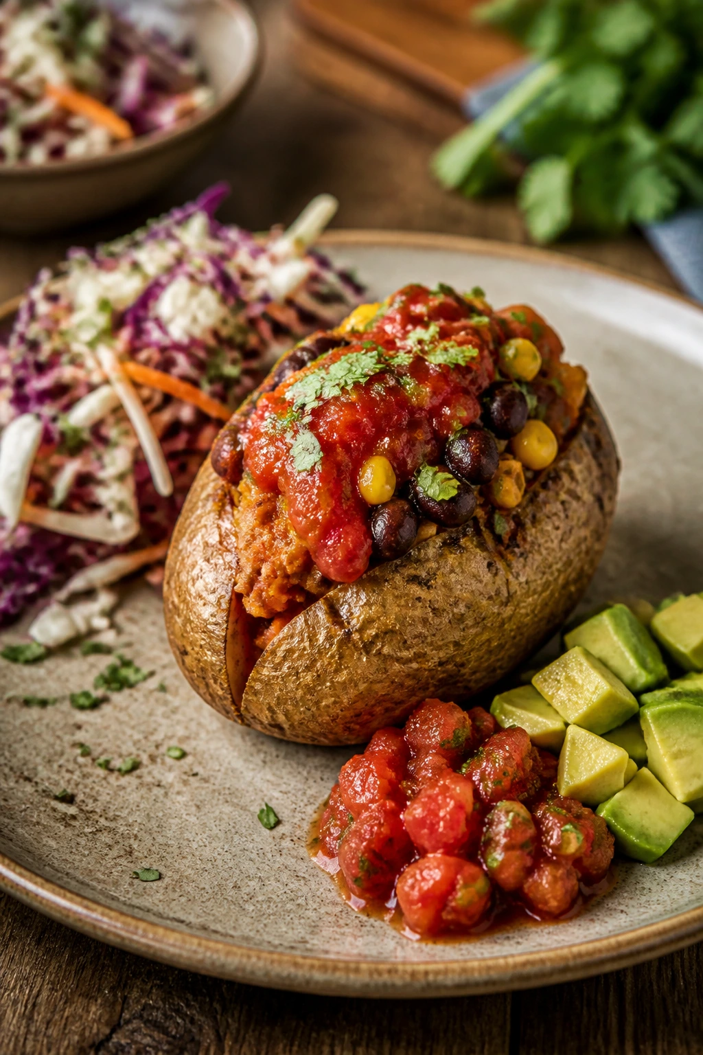 Plate of roasted potatoes with salsa and avocado under warm kitchen light.