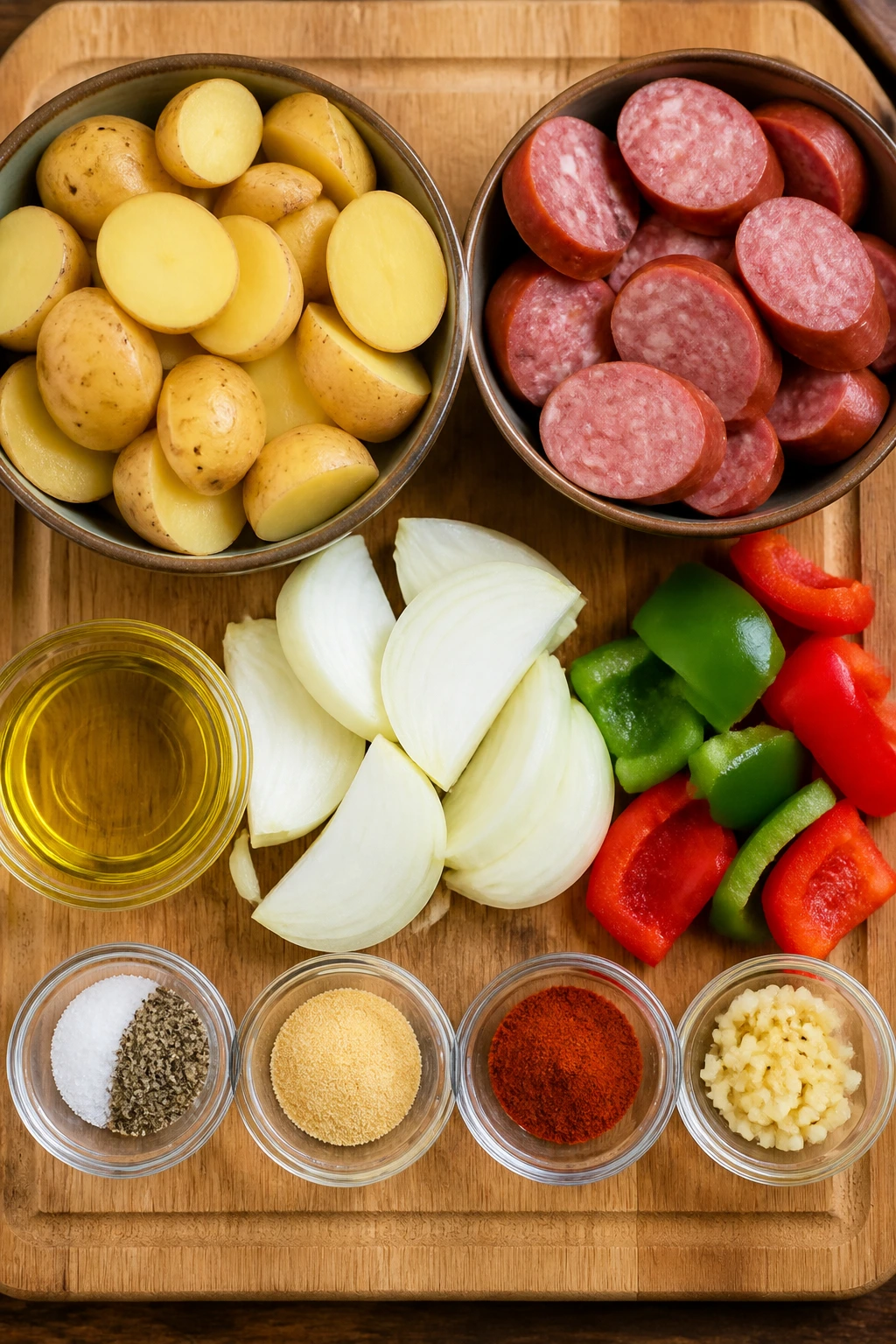 Raw ingredients for pan dinner arranged on cutting board