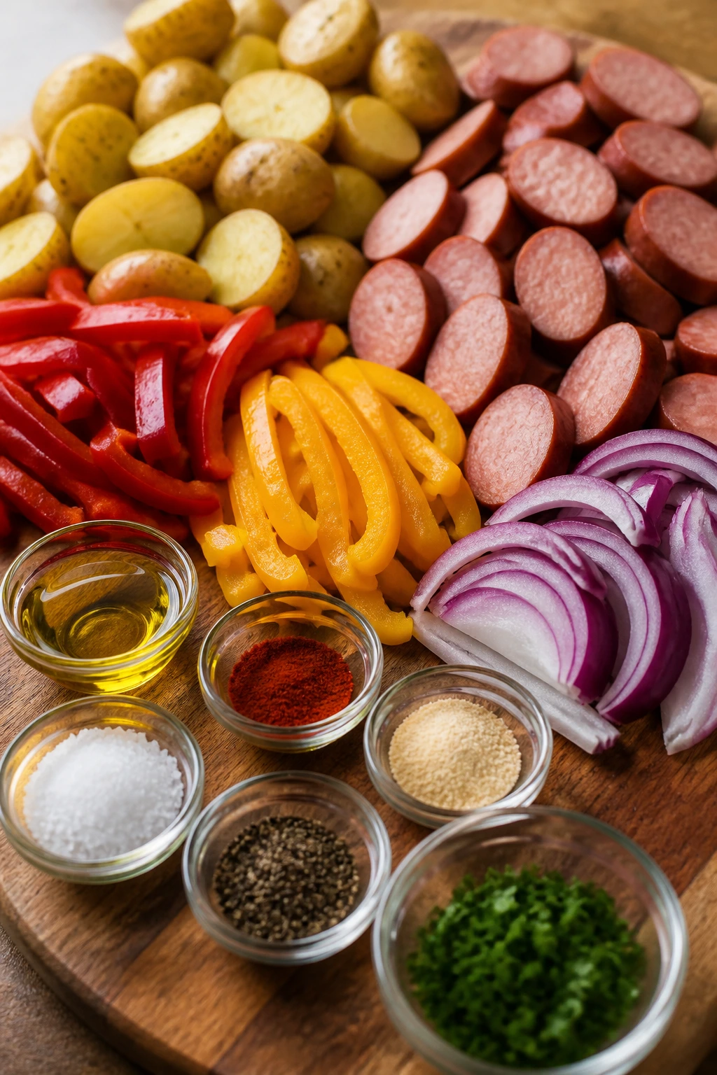 Main ingredients for the dish arranged on a board: potatoes, sausage, peppers, onion.