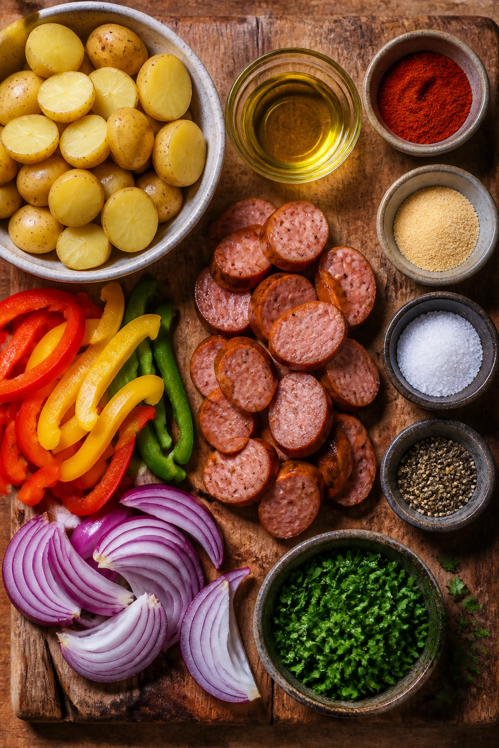 Overhead view of potatoes, sausage, peppers, and onion on wood board