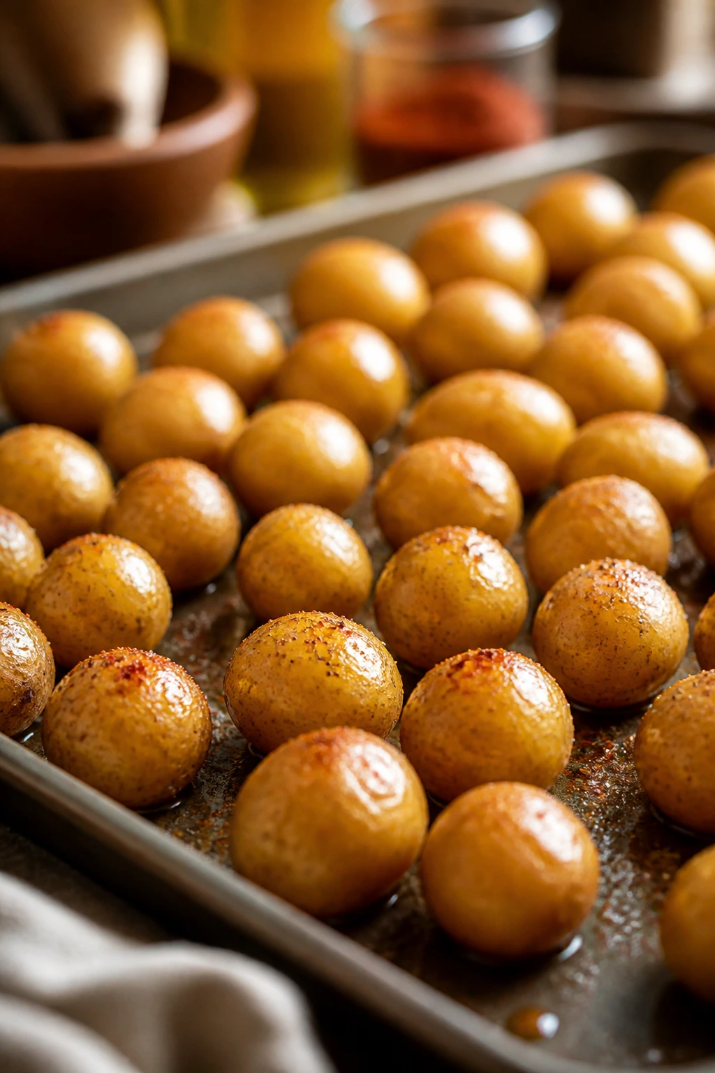 Close-up of uniformly sized potatoes on a sheet pan in a warm kitchen