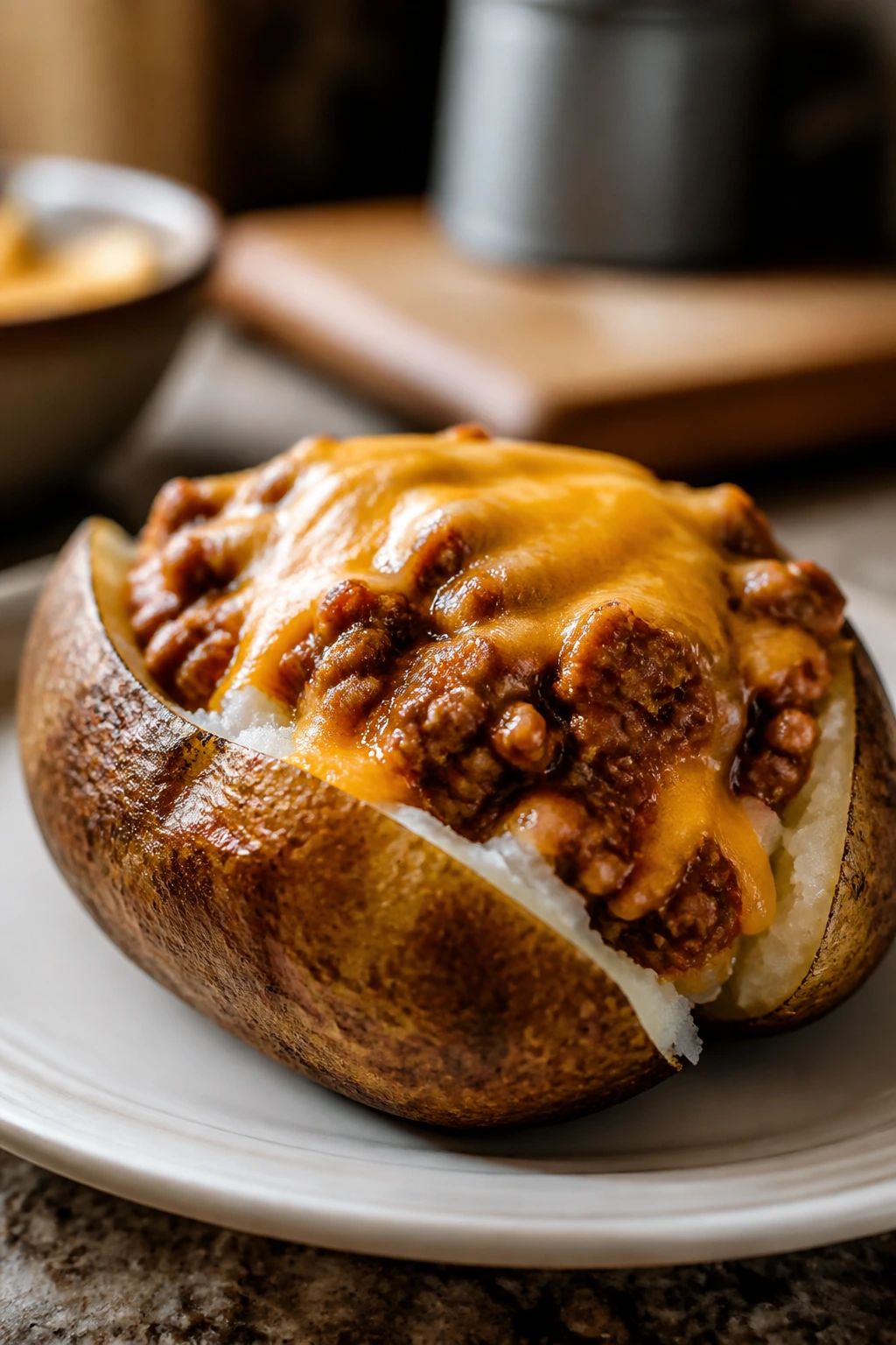 Close-up of baked potato stuffed with sloppy joe filling and cheese
