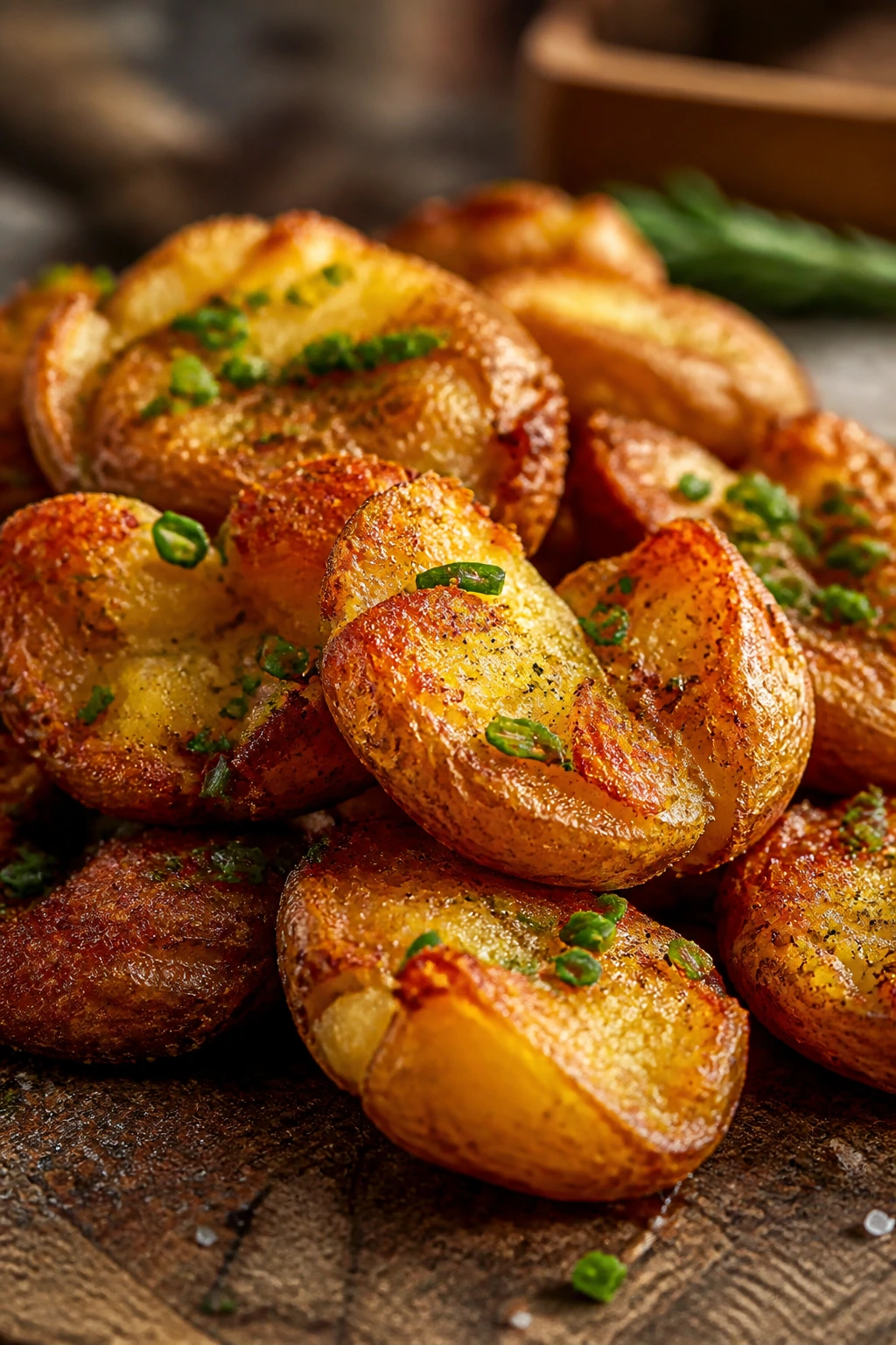 Crispy smashed baby potatoes with chives on wooden surface