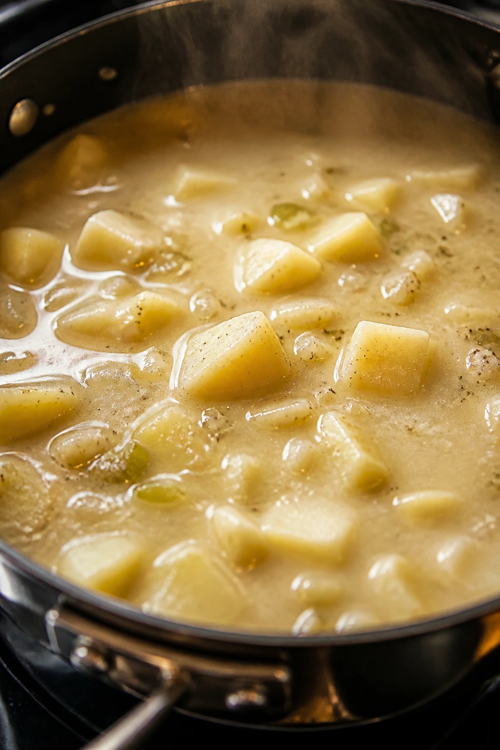 Close-up of potatoes simmering in a pot on the stove